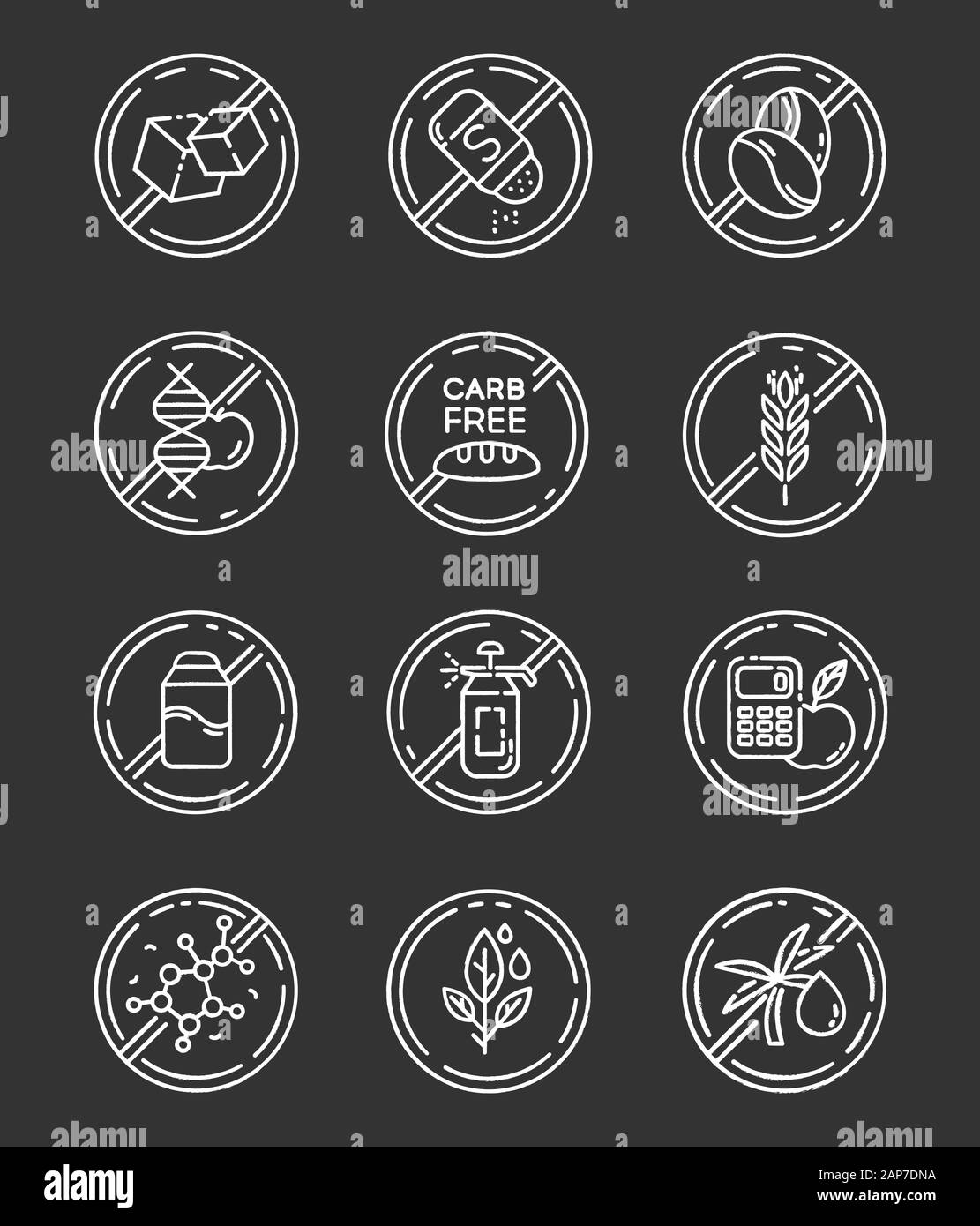 Product free ingredient chalk icons set. No paraben, pesticide, lactose ...