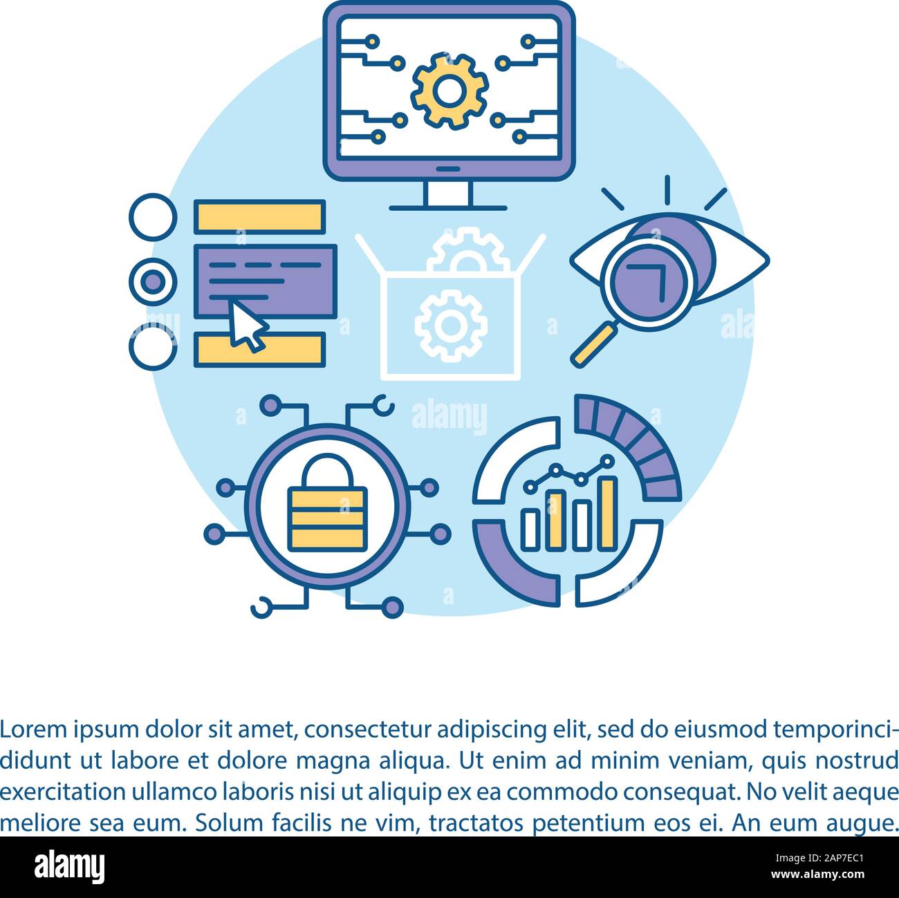 Software testing article page vector template. Usability analysis. Program development. Brochure, magazine, booklet design element with linear icons. Stock Vector