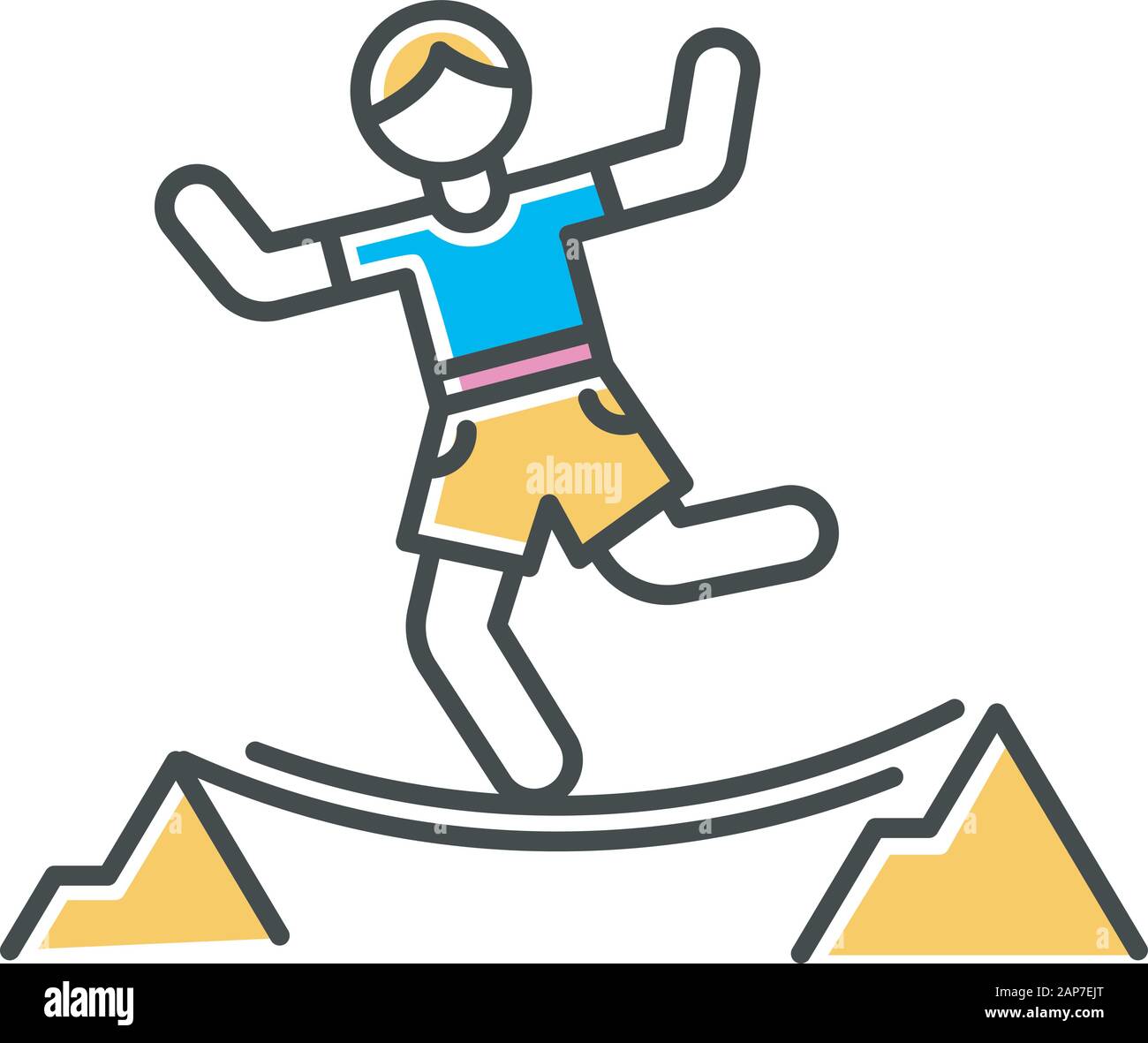 Highlining color icon. Slacklining. Walking and balancing on tightrope. Slackliner in mountains. Extreme sport stunt. Walker on rope. Isolated vector Stock Vector