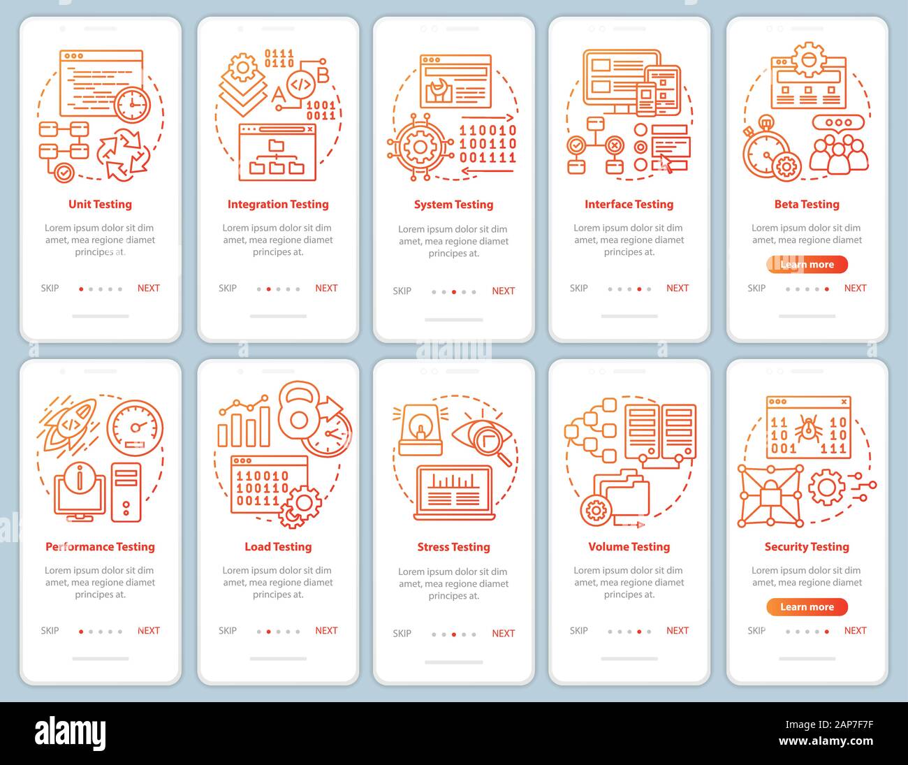 Software testing orange onboarding mobile app page screen vector template. Performance analysis. Walkthrough website steps with linear illustrations. Stock Vector