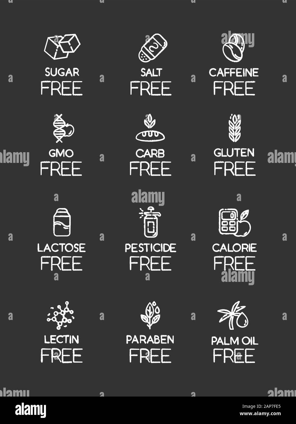 Product free ingredient chalk icons set. No lectine, paraben, gmo, gluten. Organic food, healthy eating. Low calories meals. Dietary without sweetener Stock Vector