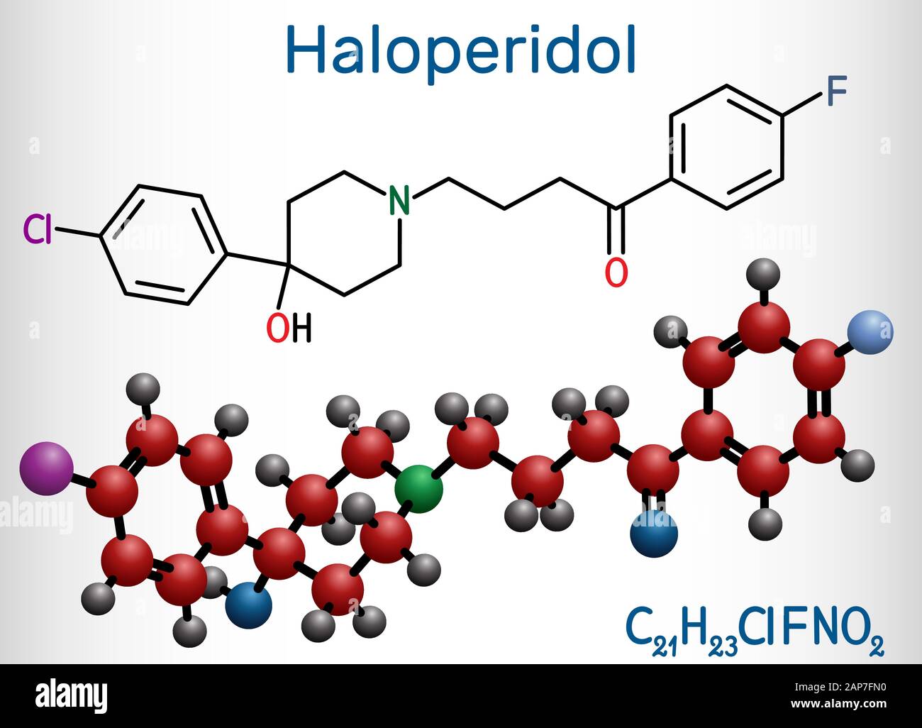 Haloperidol molecule, is antipsychotic medication. Structural chemical formula and molecule model. Vector illustration Stock Vector