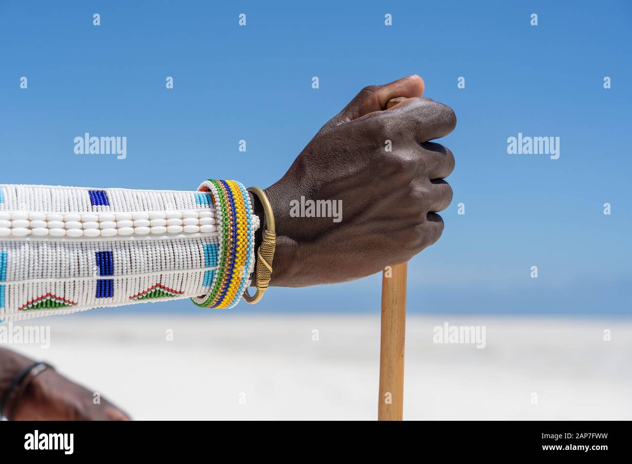 Tribal masai hand with a colorfull bracelet, close up. Zanzibar, Tanzania, Africa Stock Photo