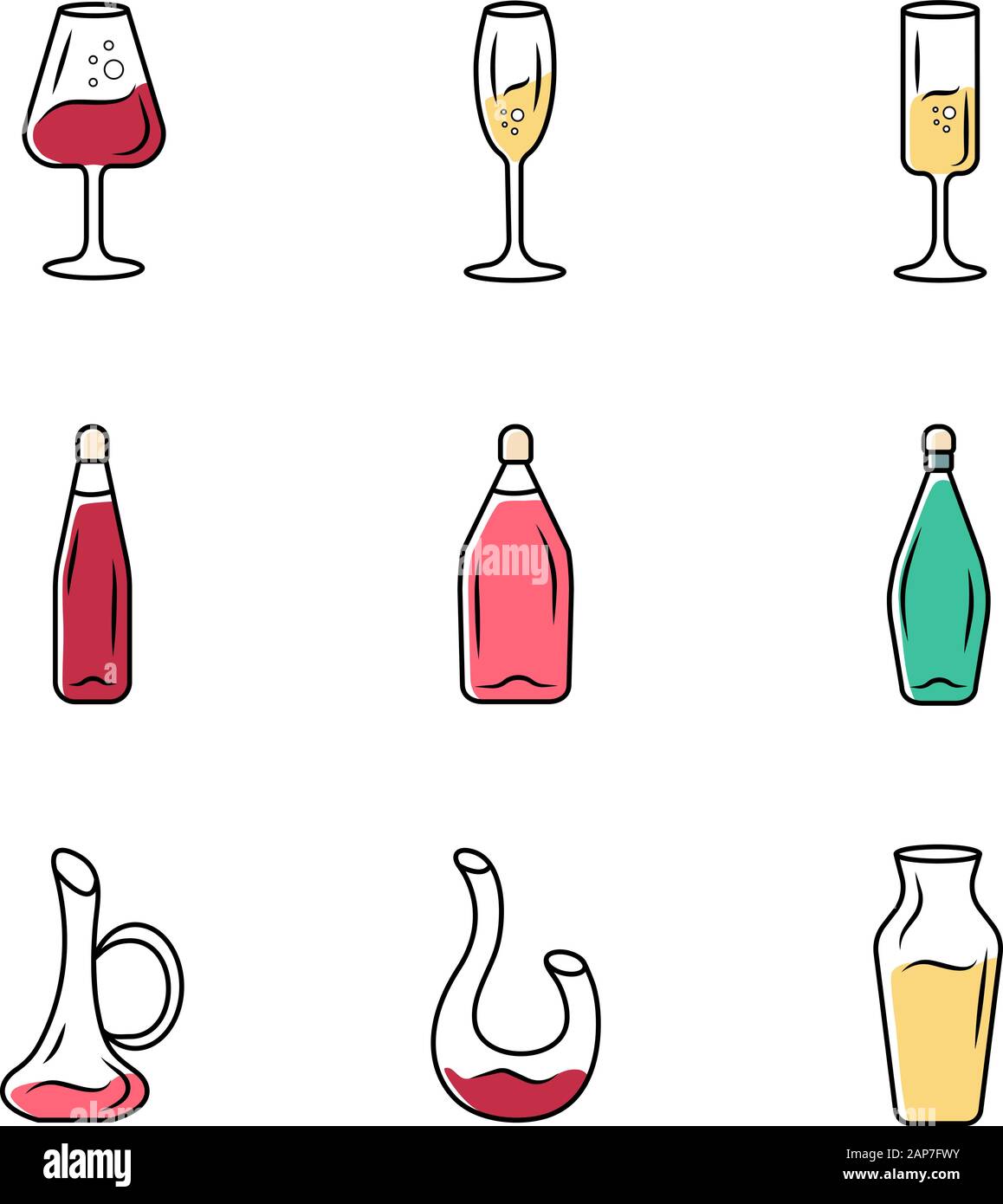 Winery glassware icons set. Different types of wine. Decanters, bottles, glasses. Aperitif drinks, cocktails, alcohol beverages. Party, bar, restauran Stock Vector