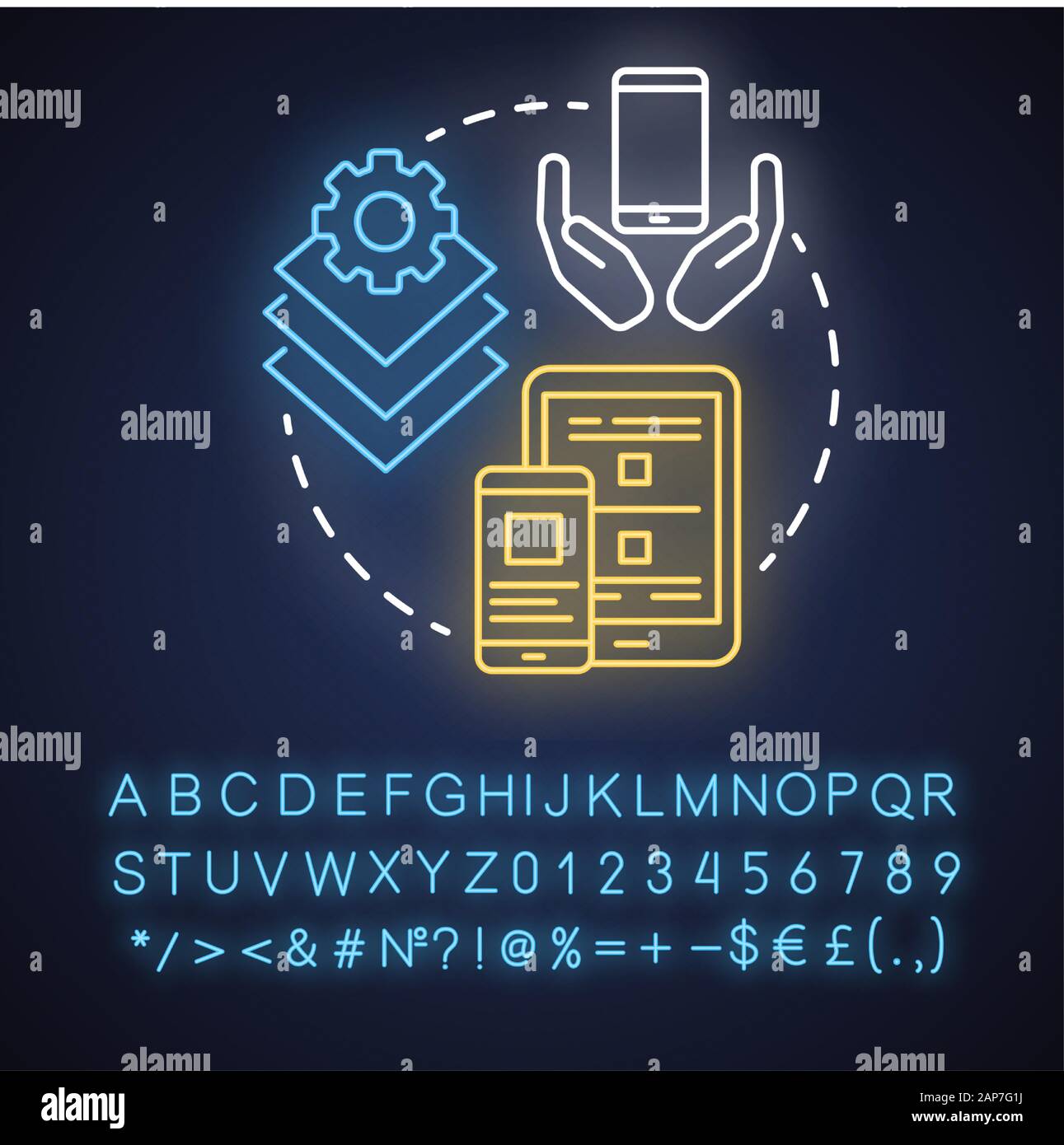 Prototyping neon light concept icon. Software development idea. App programming. Responsive application design. Glowing sign with alphabet, numbers an Stock Vector