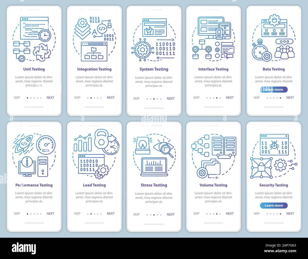 Software testing onboarding mobile app page screen vector template. Performance and usability analysis. Walkthrough website steps with linear illustra Stock Vector