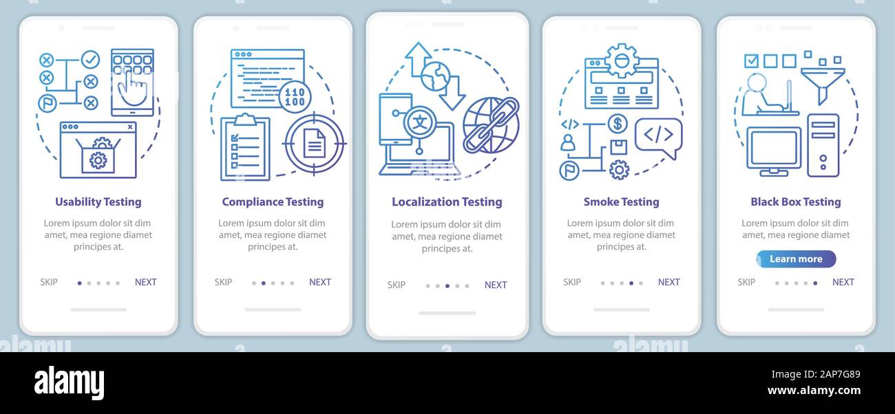 Non-functional software testing onboarding mobile app page screen vector template. Usability analysis. Walkthrough website steps with linear illustrat Stock Vector
