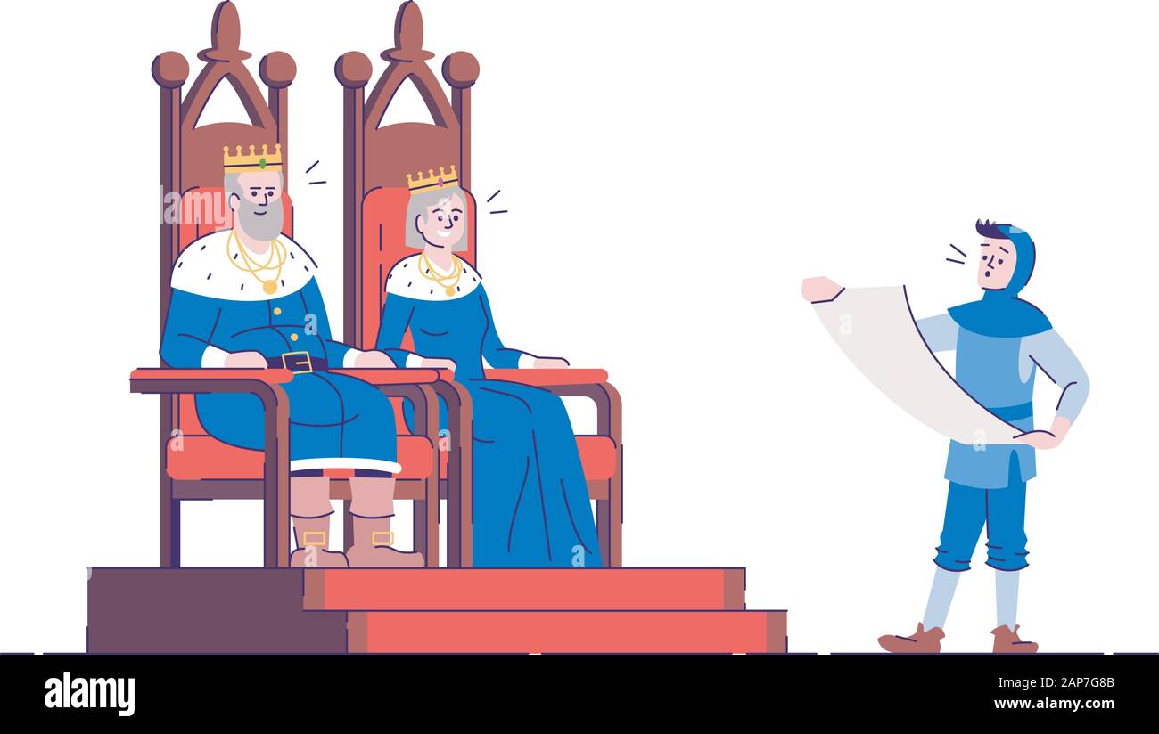 Medieval kingdom rulers on thrones and royal messenger flat vector illustration. King, queen and herald isolated cartoon characters with outline eleme Stock Vector