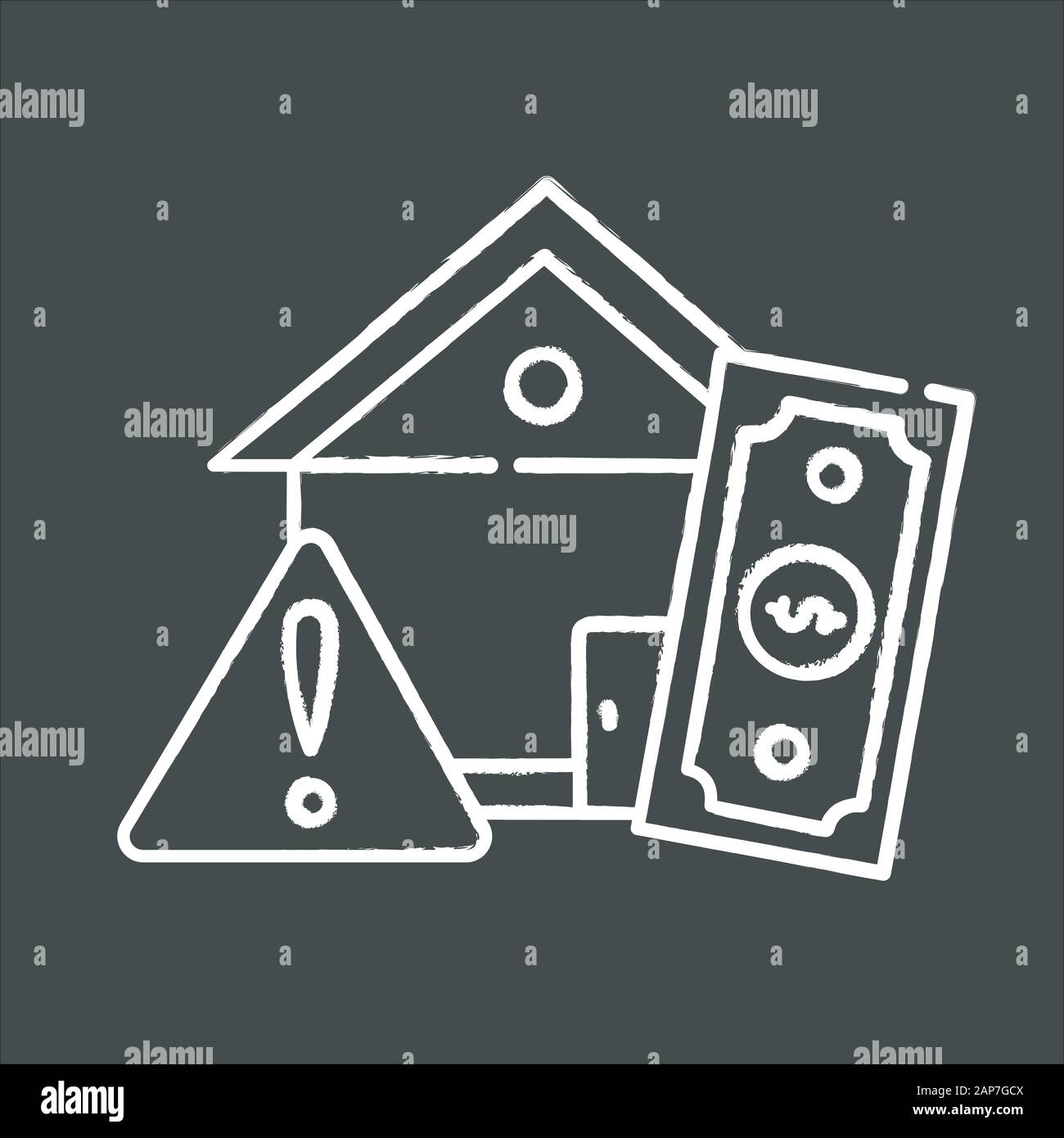 Home loan risk chalk icon. Buy real estate building. Debt danger form buying house. Borrow money to purchase apartment. Investment, mortrage. Isolated Stock Vector