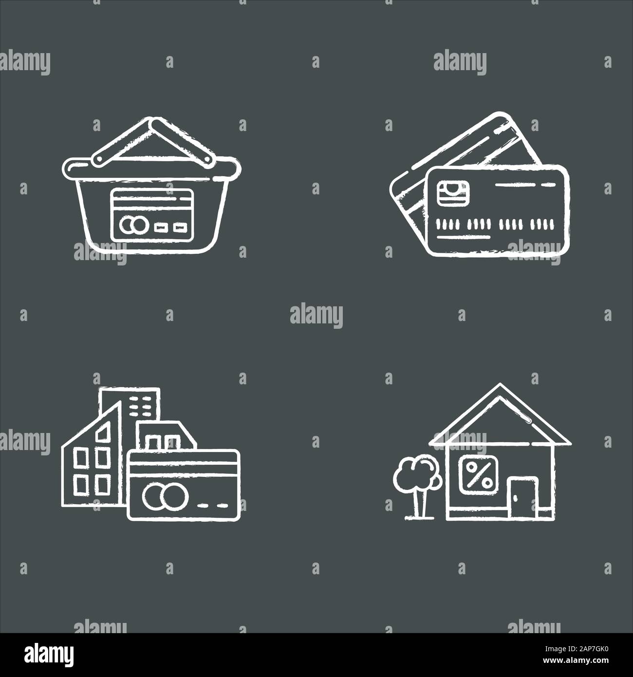 Credit chalk icons set. Retail, consumerism. Paying with credit card. Small business investment. Rent house. Borrow, loan money with percent rate. Iso Stock Vector