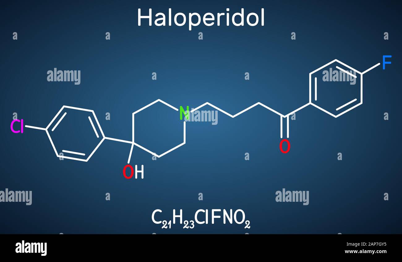 Haloperidol molecule, is antipsychotic medication. Structural chemical formula on the dark blue background. Vector illustration Stock Vector
