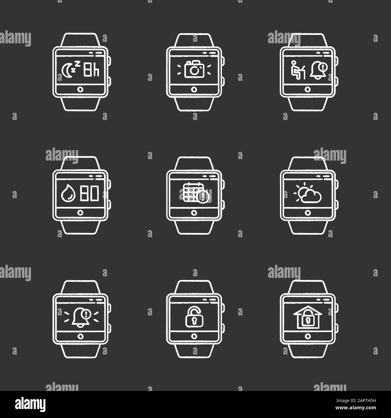 Fitness tracker functions chalk icons set. Wristband smartwatch capabilities. Scheduling events, sleep timer, weather forecast, notifications. Isolate Stock Vector