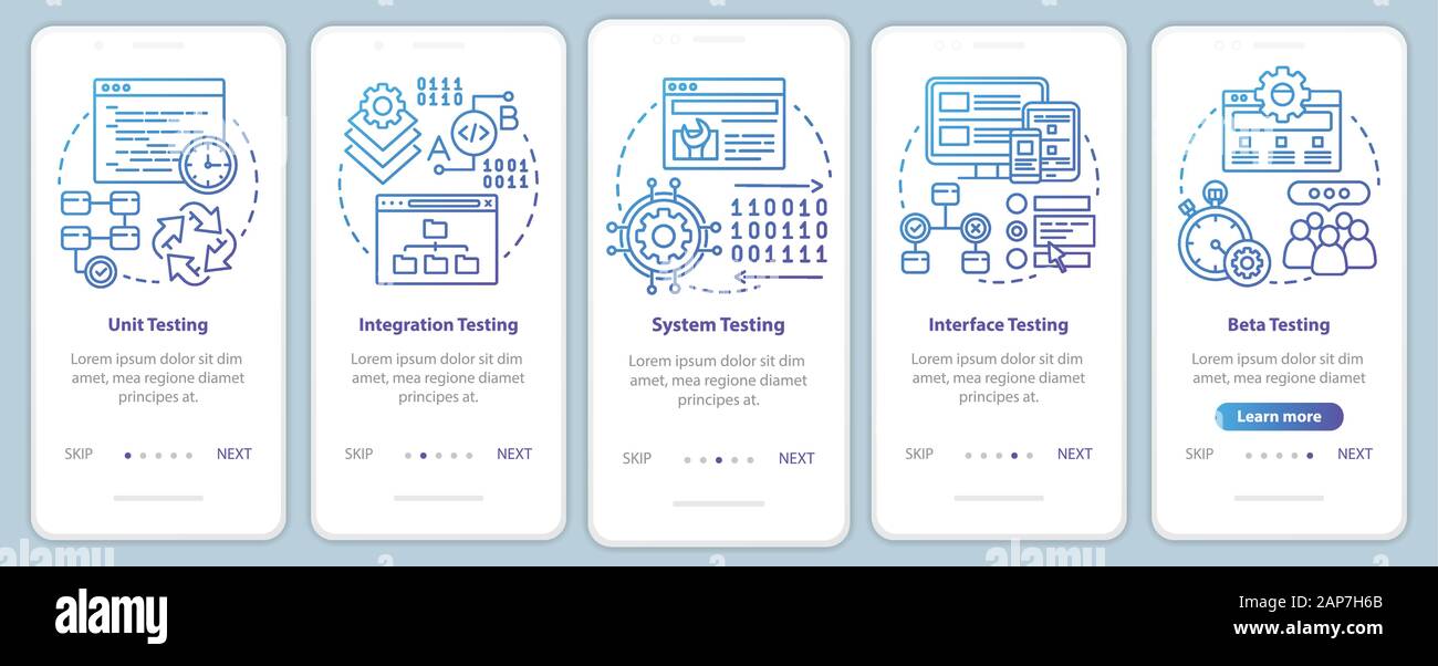 Functional software testing onboarding mobile app page screen vector template. Progam usability analysis. Walkthrough website steps with linear illust Stock Vector