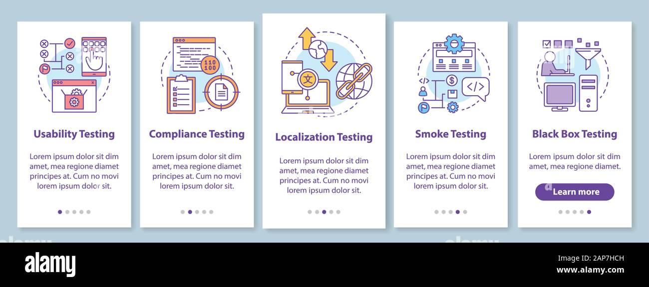Non-functional software testing onboarding mobile app page screen with linear concepts. Usability analysis walkthrough steps graphic instructions. UX, Stock Vector