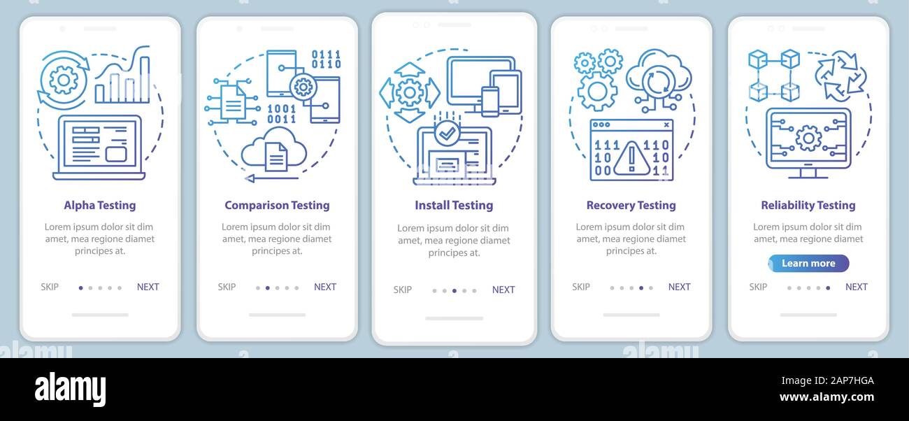 Software performance testing onboarding mobile app page screen vector template. Program quality control. Walkthrough website steps with linear illustr Stock Vector
