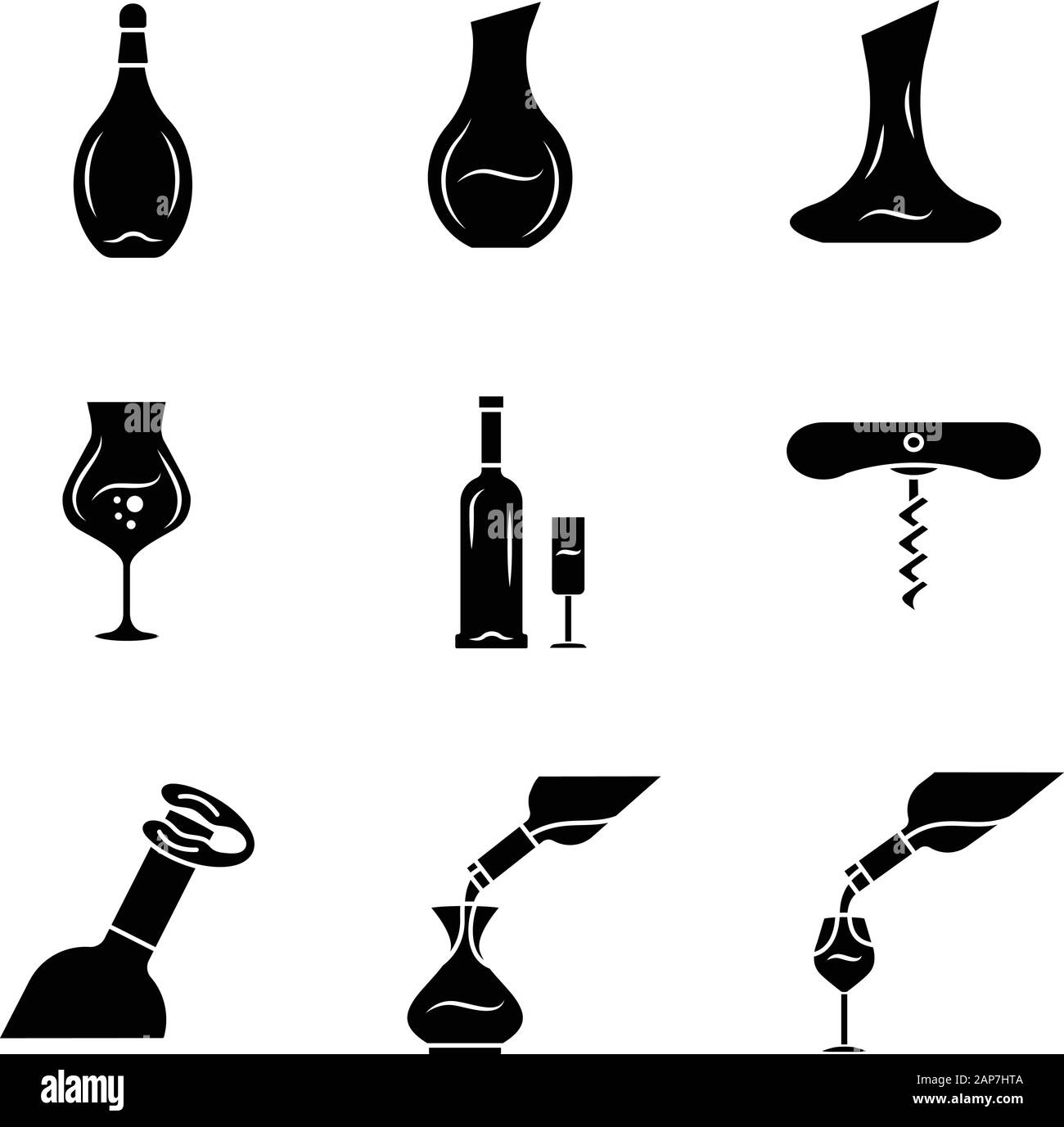 Alcohol drinks tableware glyph icons set. Wine glasses, decanters, bottles. Foil cutter, corkscrew. Glassware, cocktail, beverage service. Silhouette Stock Vector
