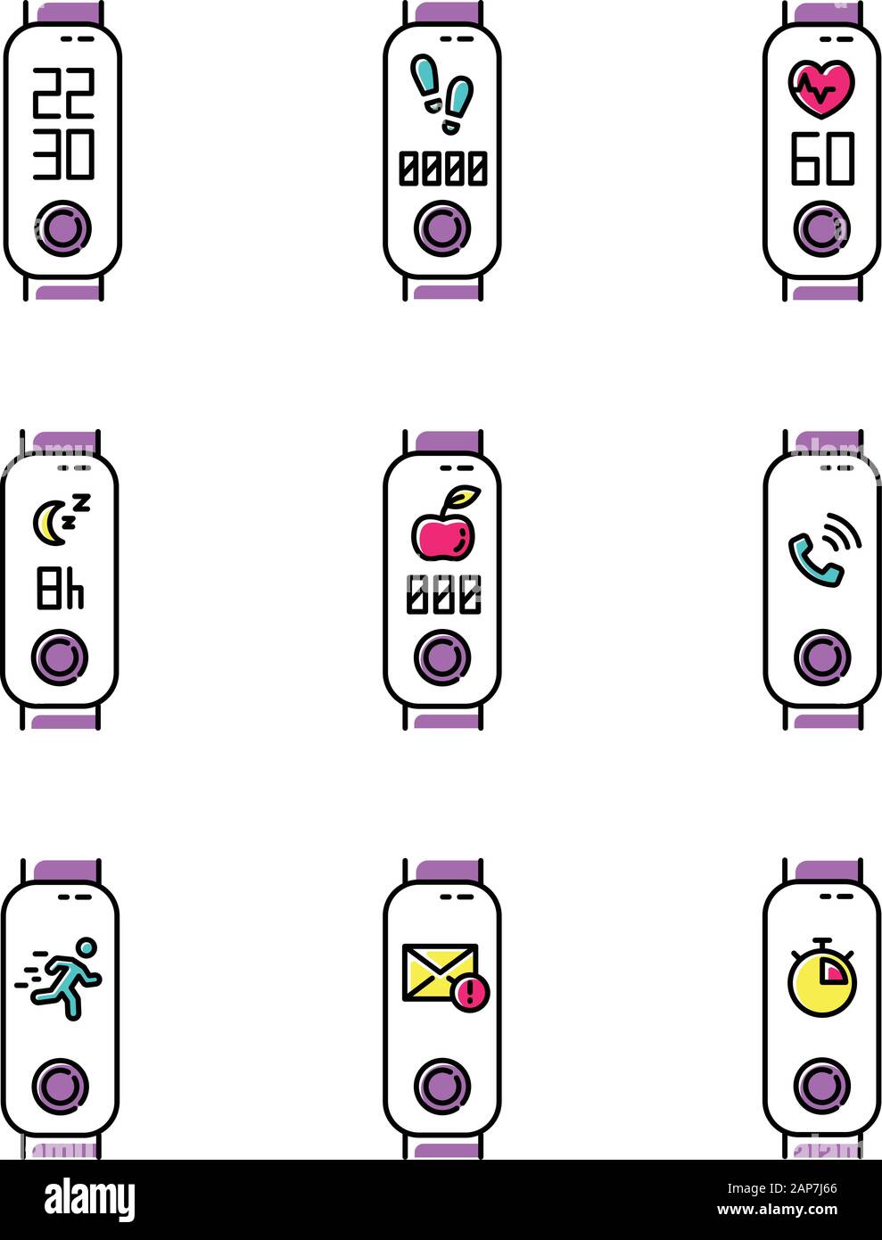 Fitness tracker functions color icons set. Active lifestyle accessory ...