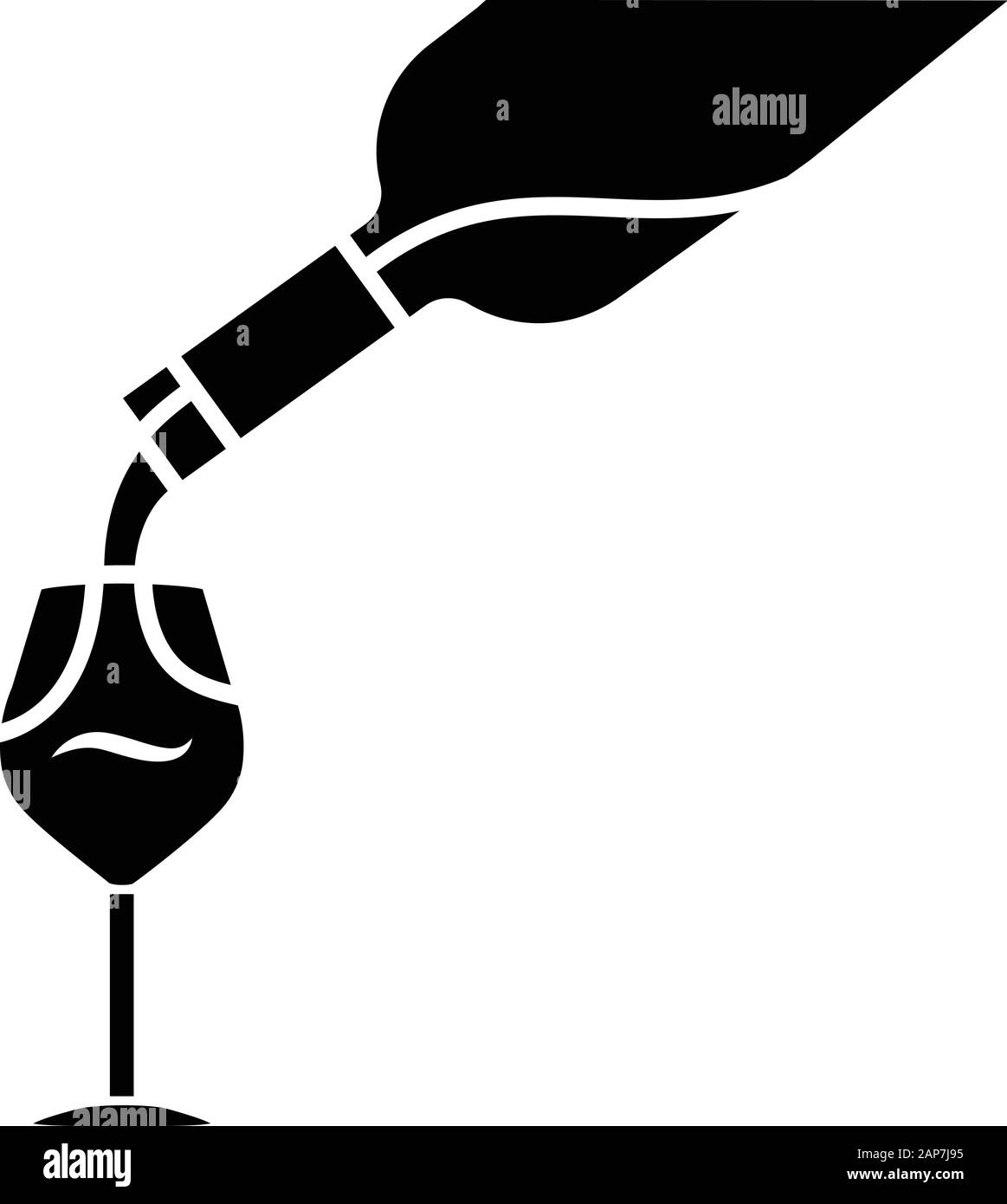 Wine service glyph icon. Alcohol beverage pouring in glass. Bar, restaurant aperitif drink bottle. Barman, sommelier, winery. Silhouette symbol. Negat Stock Vector