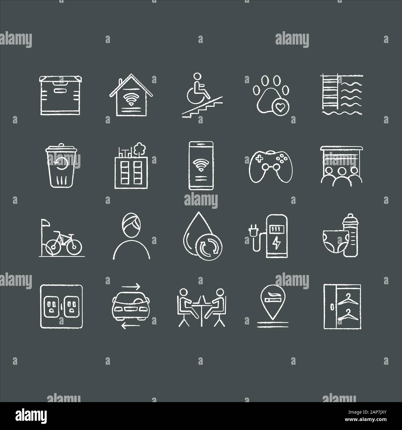 Apartment amenities chalk icons set. Residential services. Comfortable house signs. Luxuries for dwelling inhabitants. Property conveniences for rente Stock Vector
