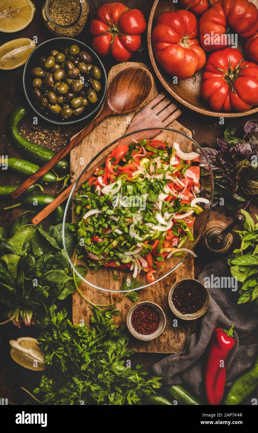 Flat lay of Turkish traditional Chopard Salad made of fresh