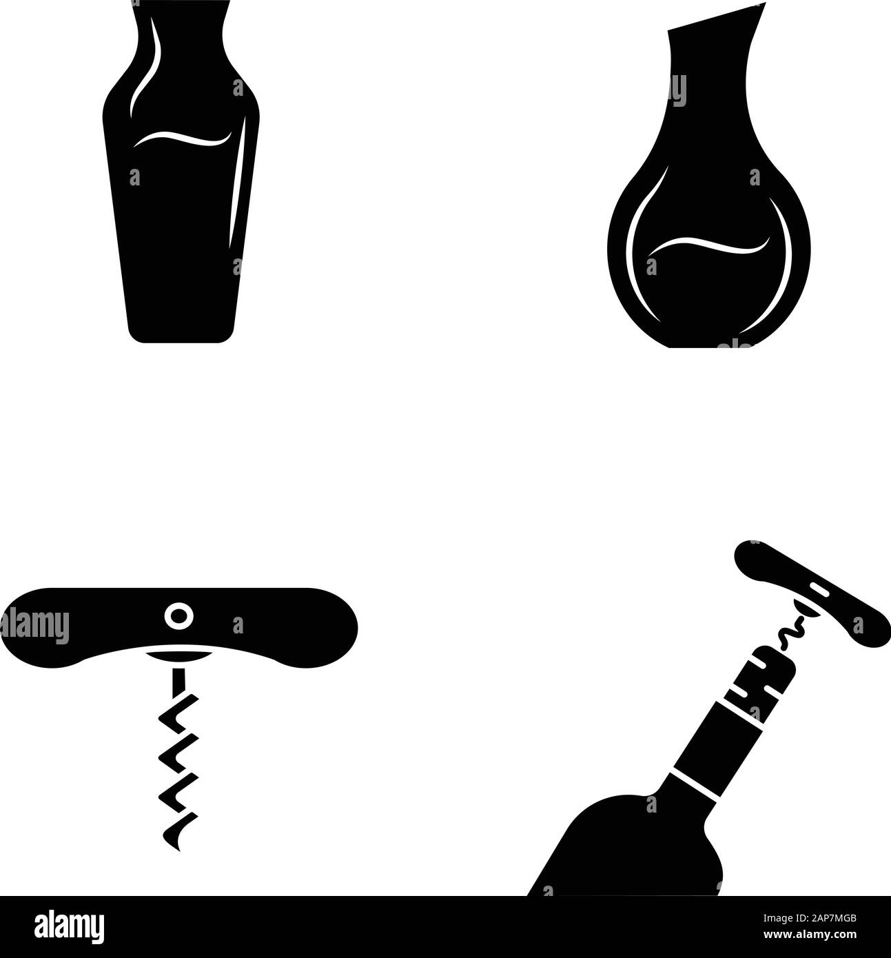 Winery glyph icons set. Different types of decanters. Corkscrew, bottle opening tools. Barman equipment. Alcohol beverage, aperitif drink. Silhouette Stock Vector