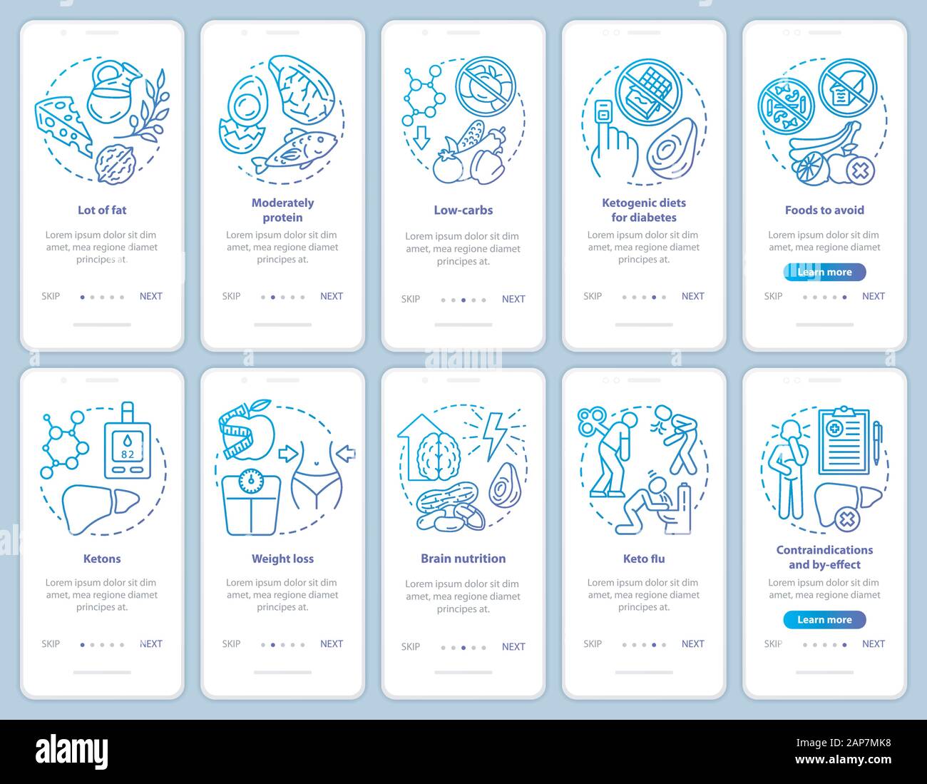Keto diet blue onboarding mobile app page screen template. Healthy ...