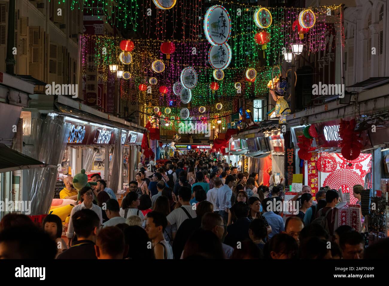 Singapore, January the 13, 2020: huge crowed at night in Chinatown , build up for Chinese New Year 2020 , year of Rat. Stock Photo