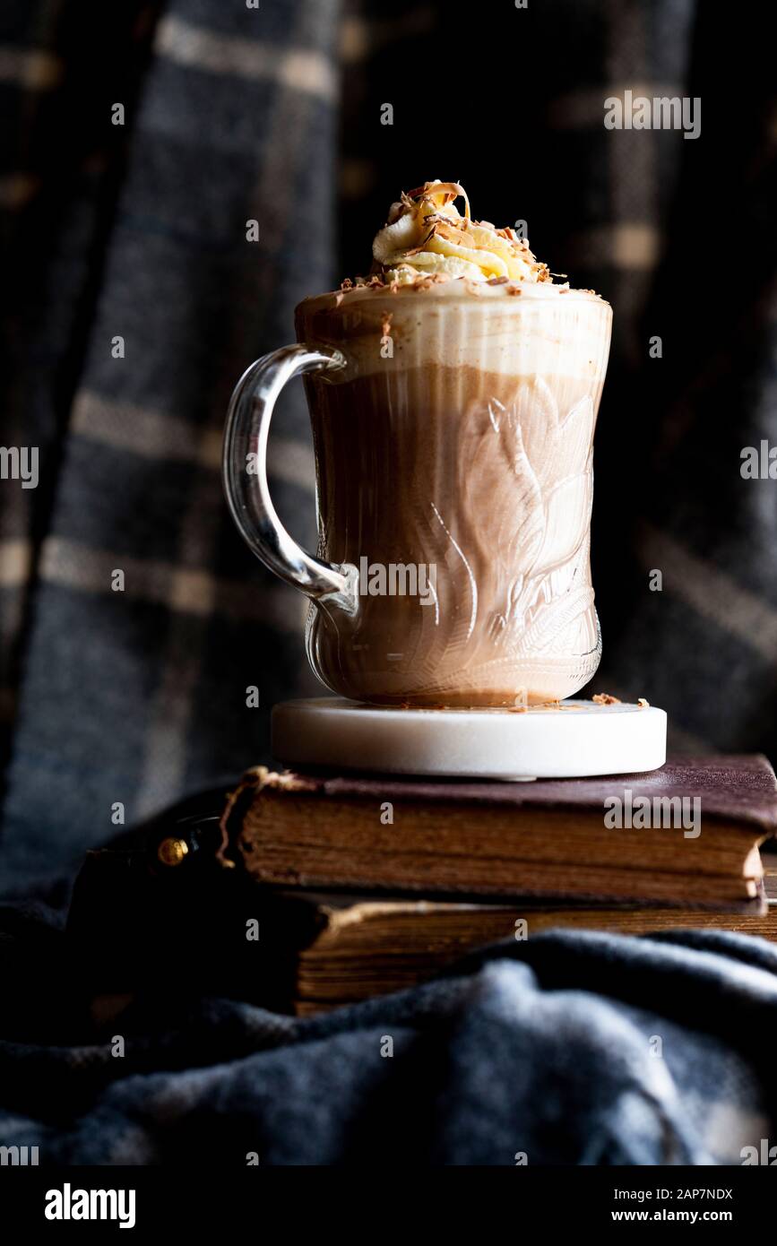 Thick Spanish Style Hot Chocolate with homemade whipped cream Stock Photo