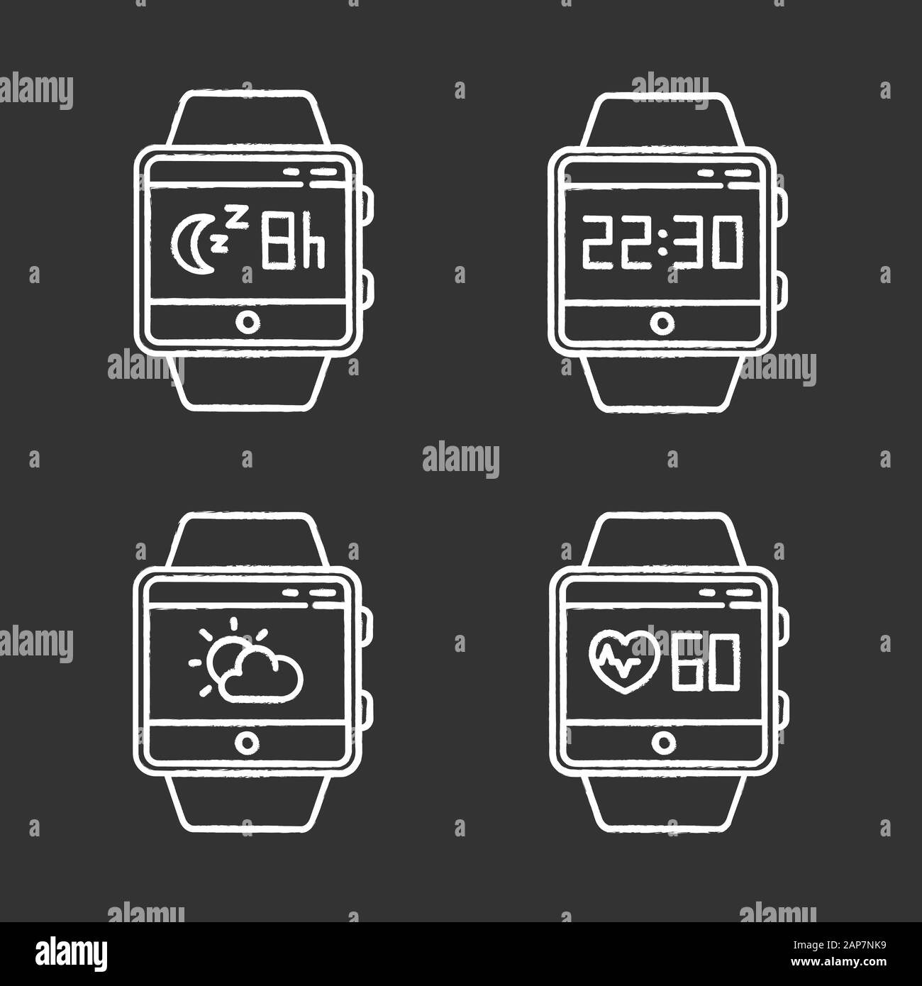 Fitness tracker functions chalk icons set. Wristband smartwatch wellness  services.Tracking heart rate, sleep monitoring, clock, weather forecast.  Isol Stock Vector Image \u0026 Art - Alamy