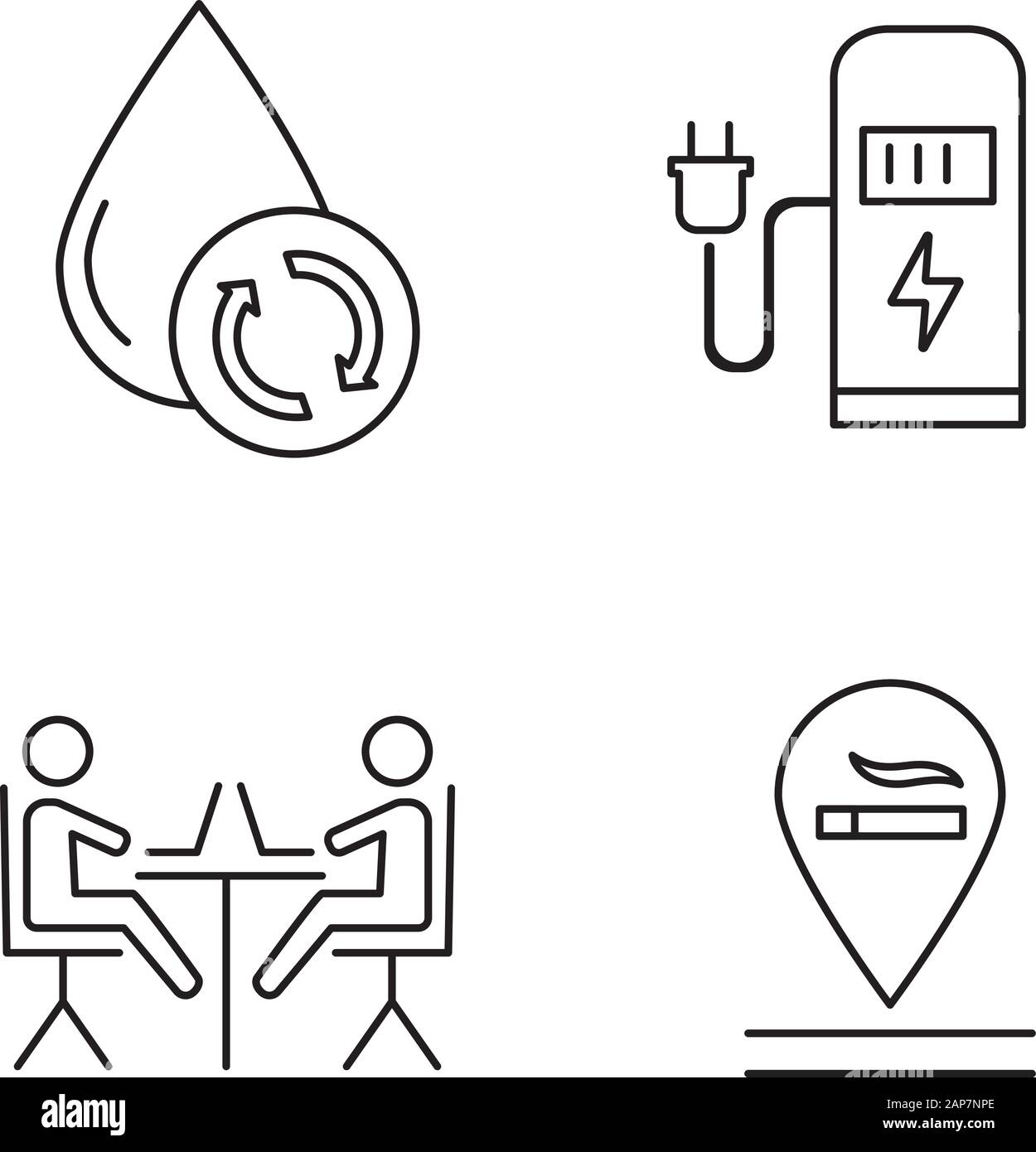 Apartment amenities linear icons set. Water filtration, car charging station, coworking space, smoking allowed. Thin line contour symbols. Isolated ve Stock Vector