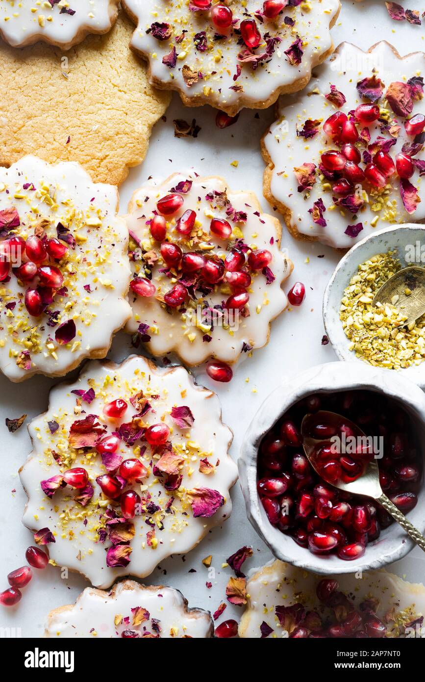 Glutenfree Sugar Cookies with eggless glaze decorated with pomegranate