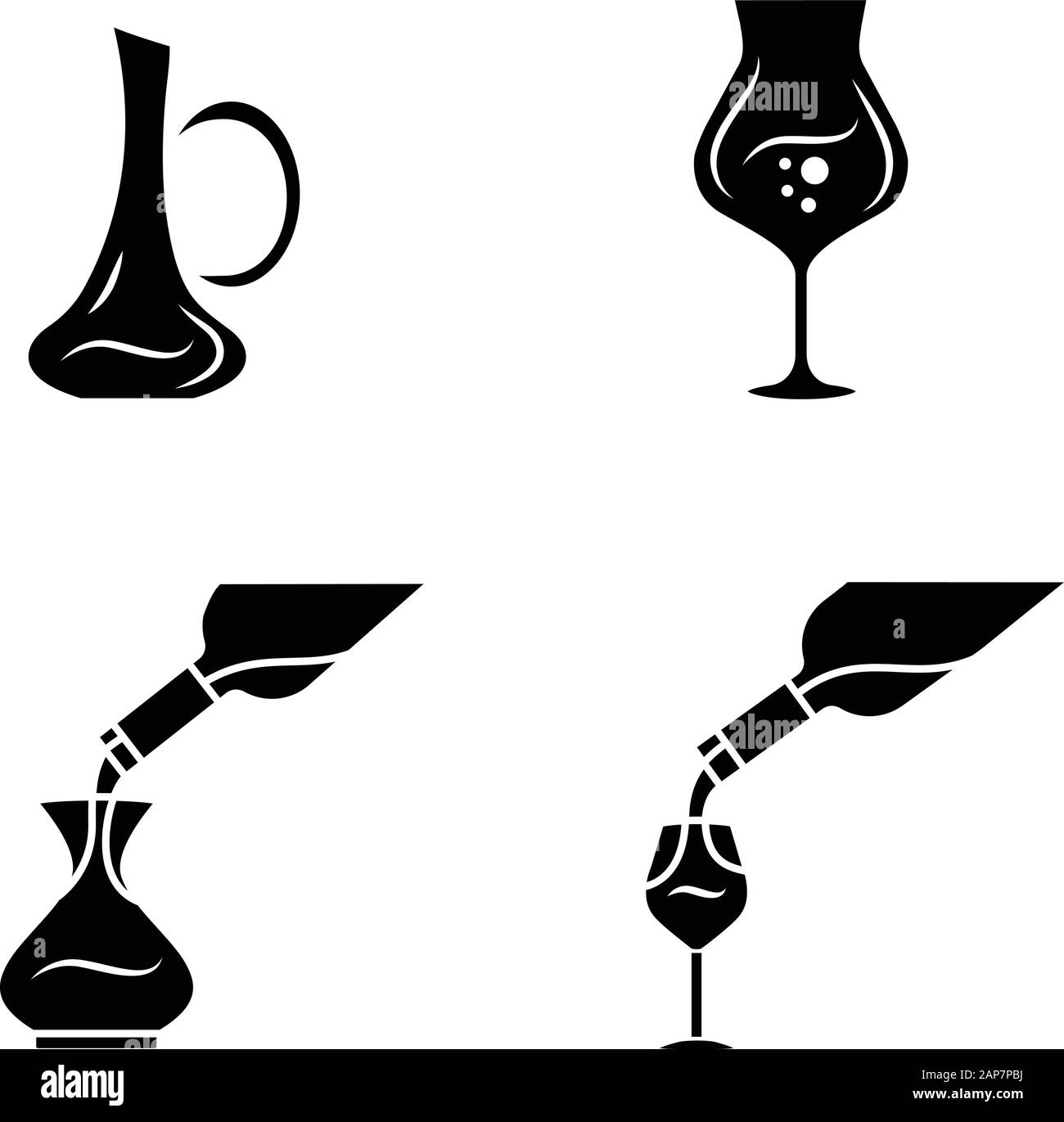 Wine service glyph icons set. Alcohol beverage pouring in glass. Sommelier, barman wineglasses, decanters. Different types of aperitif drinks. Silhoue Stock Vector