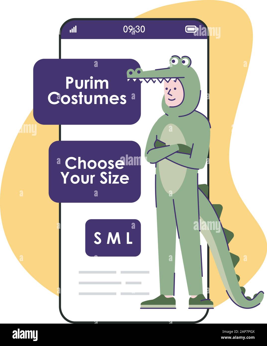 Purim costumes smartphone app screen. Crocodile suit. Animal clothing for  rent. Mobile phone displays, cartoon characters design mockup. Online store  Stock Vector Image & Art - Alamy
