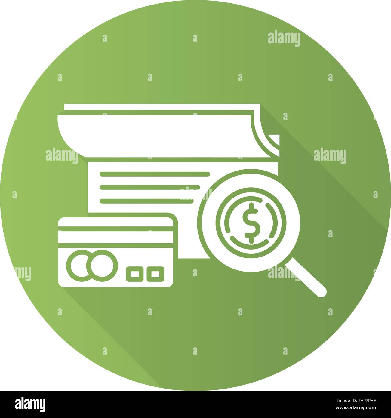 Verifying credit history green flat design long shadow glyph icon. Examining personal loan payment. Financial report. Economy business. Investment, bu Stock Vector