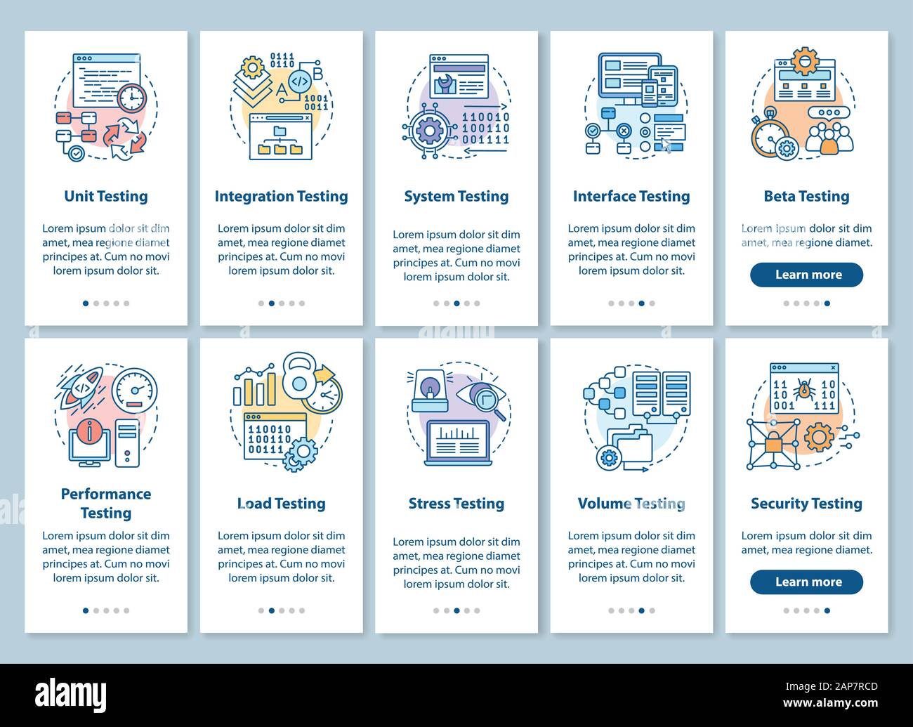 Software testing onboarding mobile app page screen with linear concepts. Performance and usability analysis walkthrough steps graphic instructions. UX Stock Vector