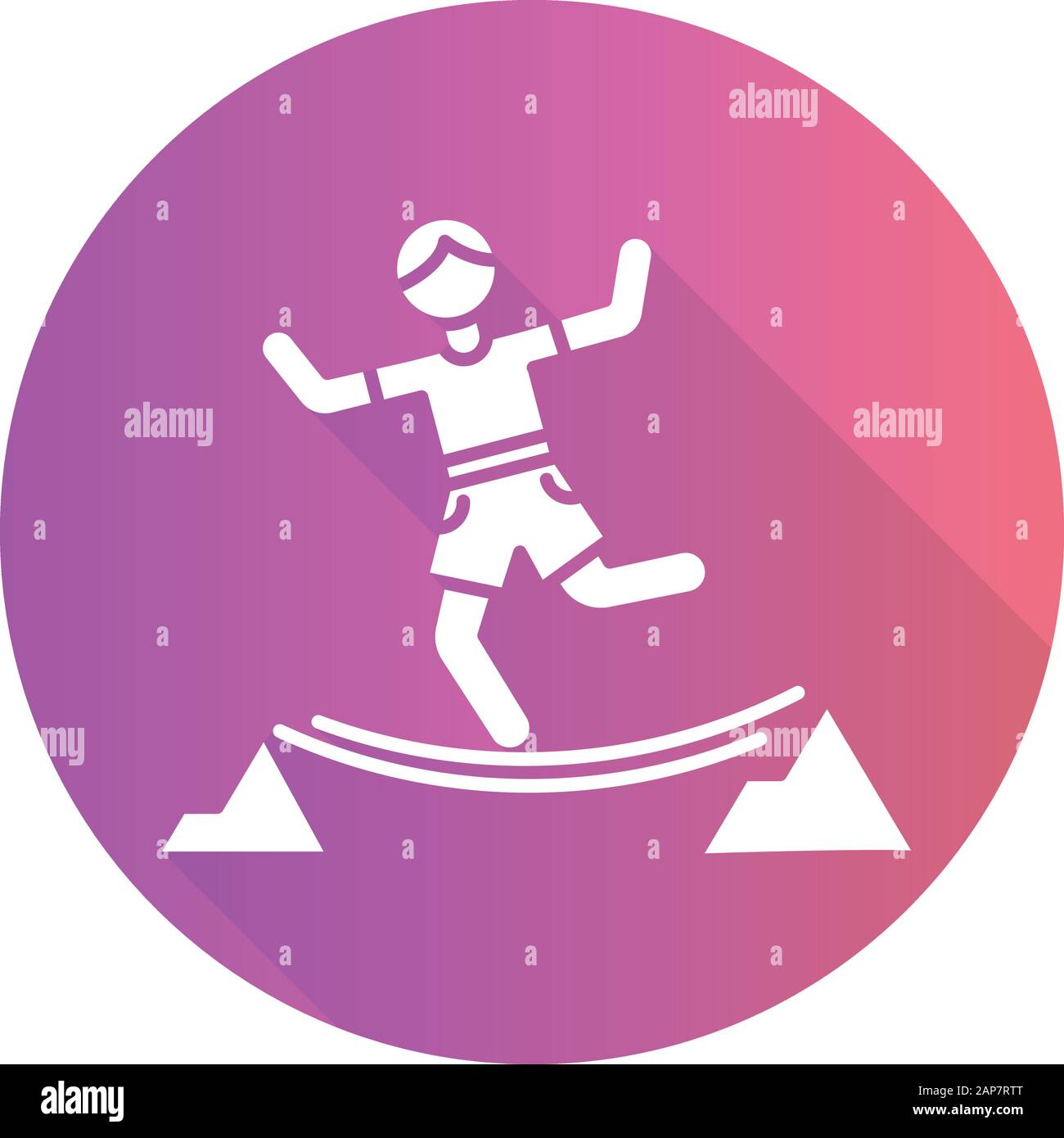 Highlining purple flat design long shadow glyph icon. Slacklining. Walking and balancing on tightrope. Slackliner in mountains. Extreme sport stunt. W Stock Vector