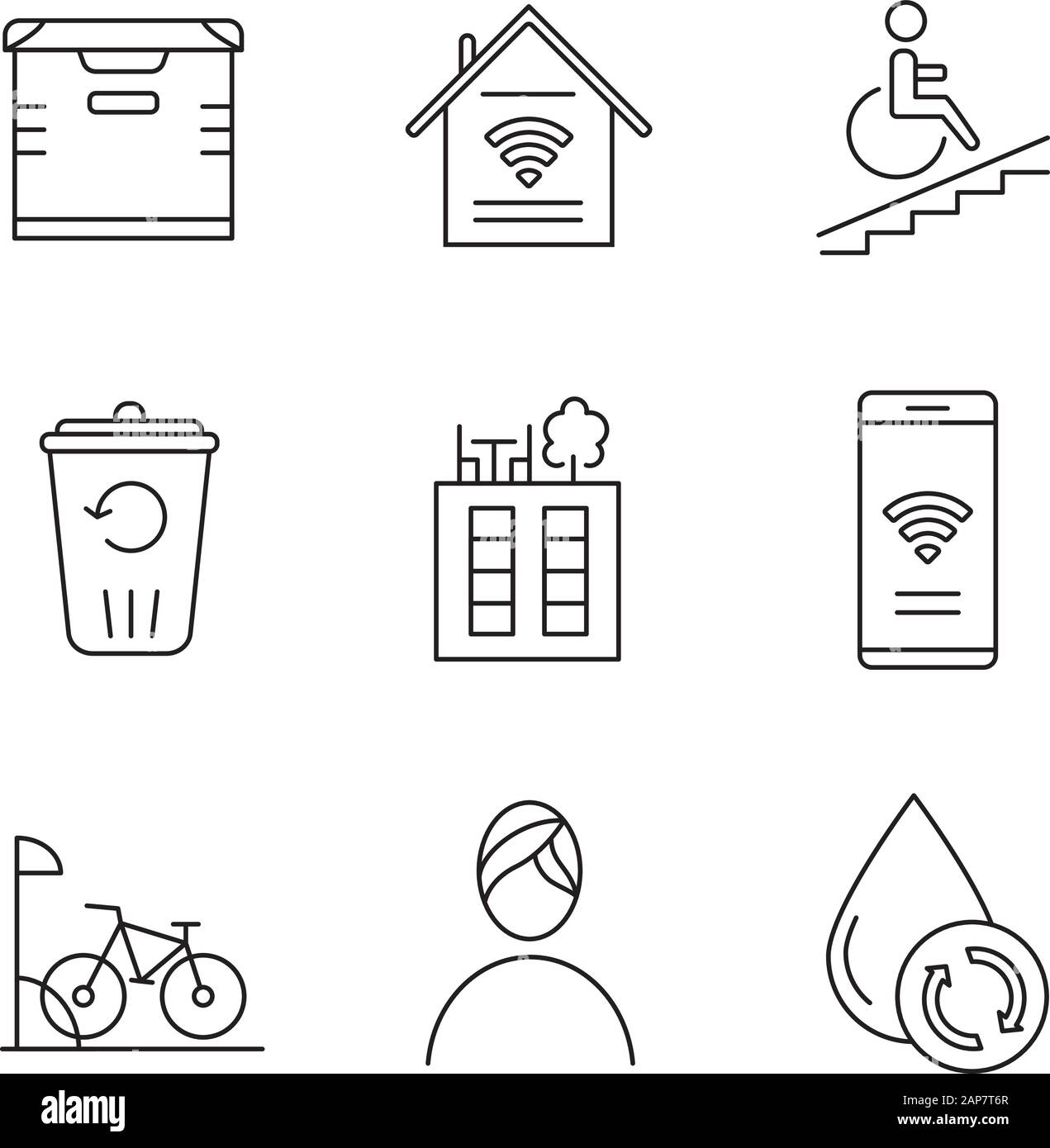 Apartment amenities linear icons set. Smart home, wheelchair access ...