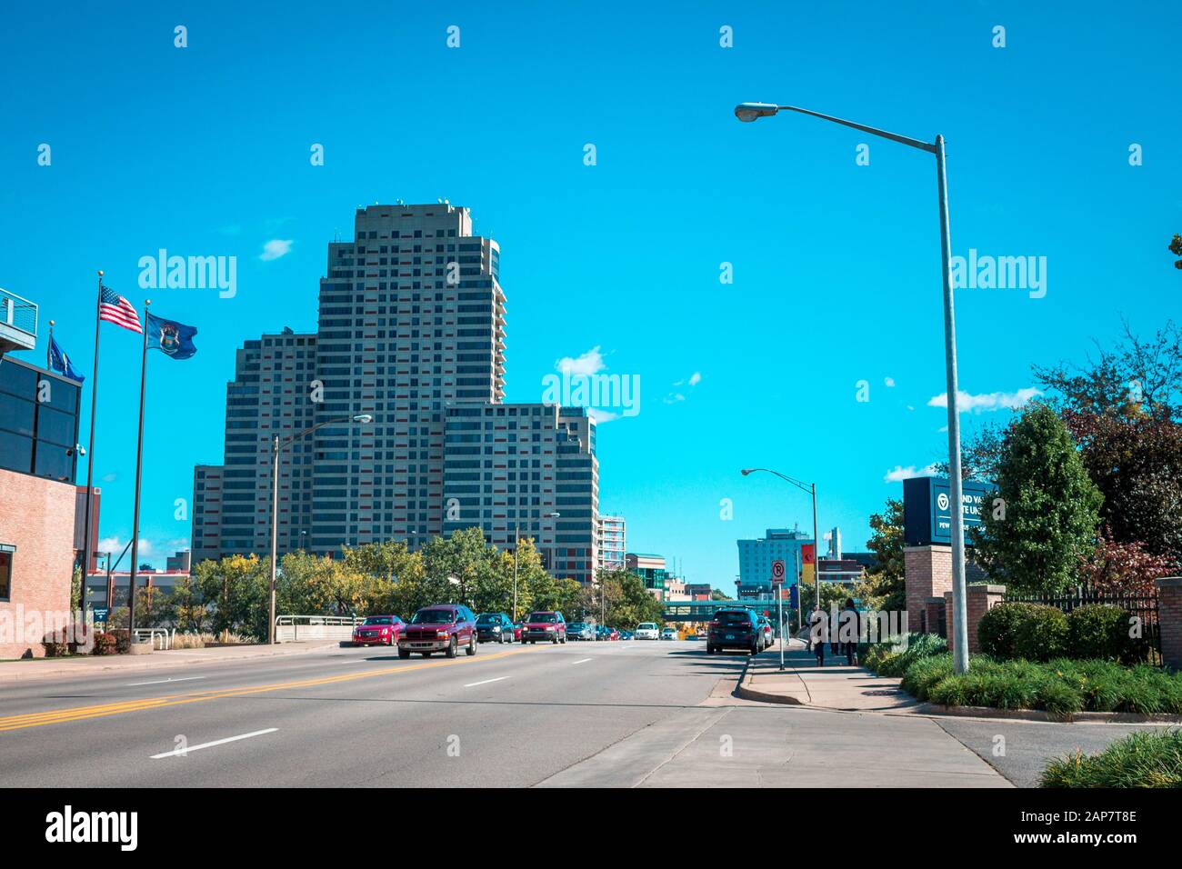 Shot of entering downtown Grand Rapids Michigan from Fulton Street on ...