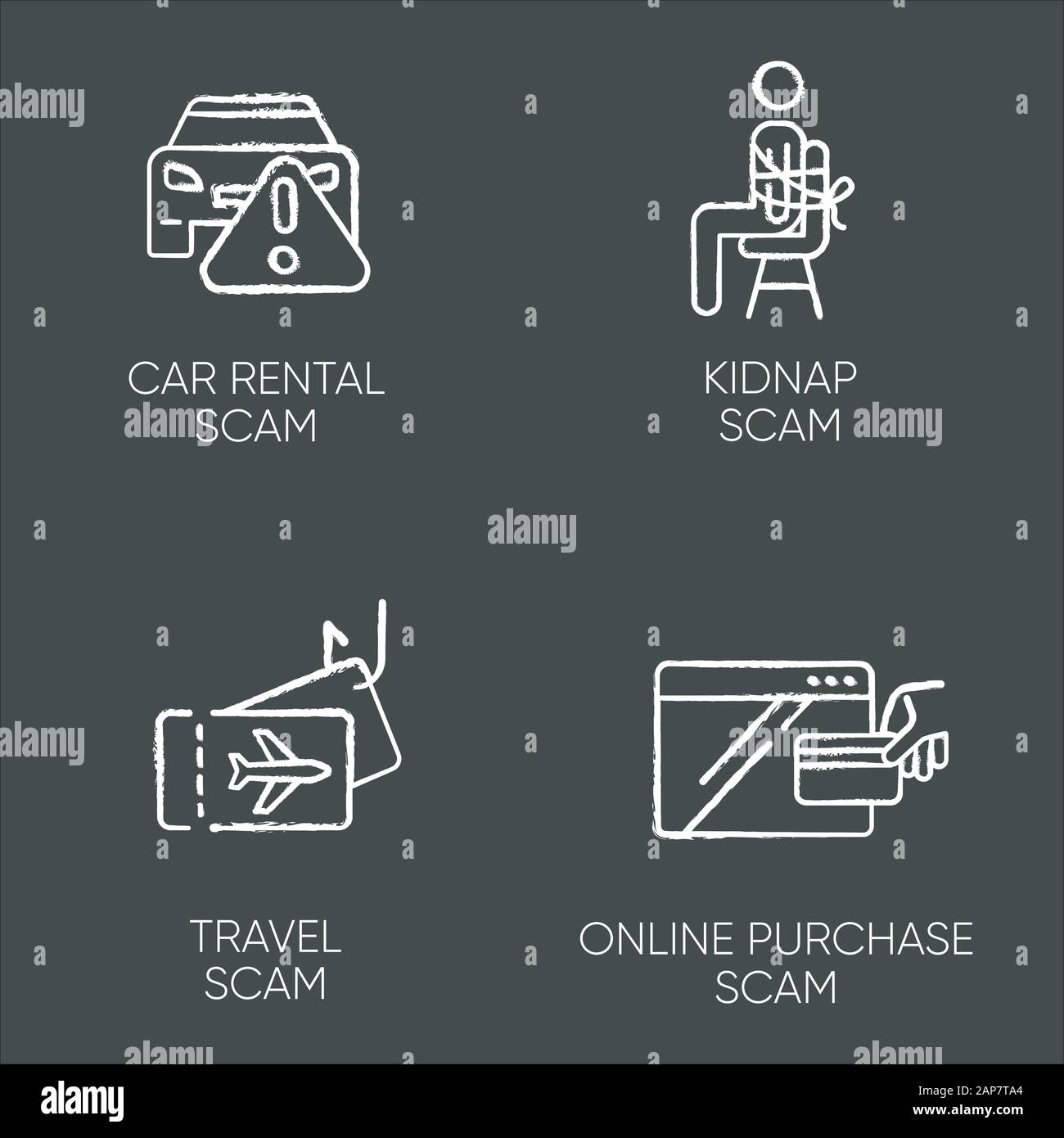 Scam types chalk icons set. Car rental, online purchase fraudulent ...