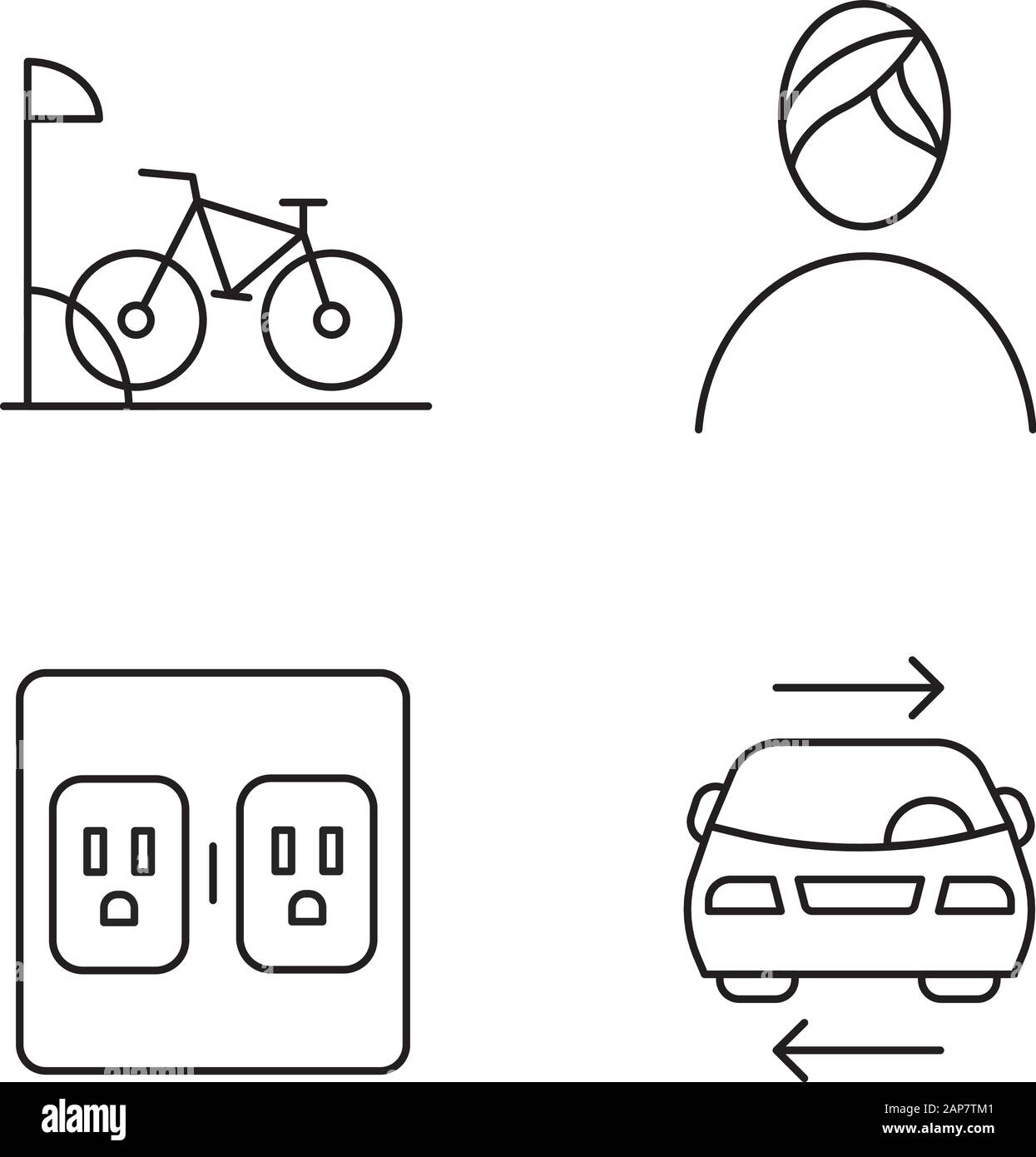 Apartment amenities linear icons set. Bike parking, spa, shared car ...