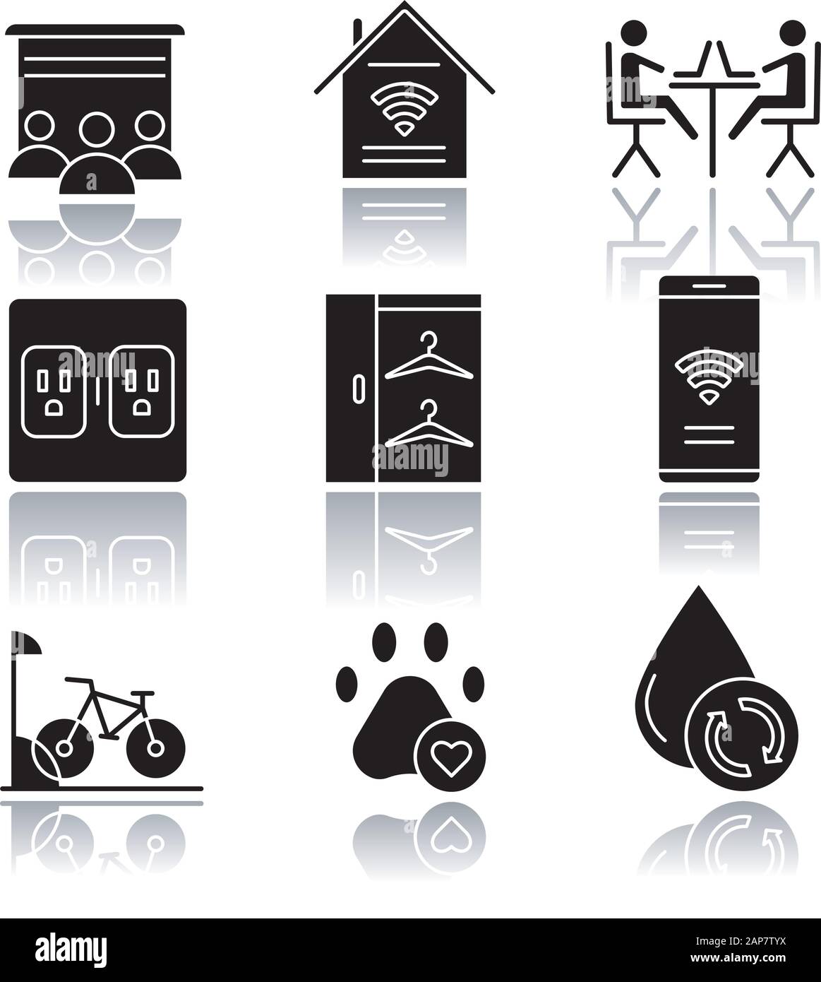 Apartment amenities drop shadow black glyph icons set. Movie theater, smart home, charging outlets, walk in closets, internet access, pets allowed, wa Stock Vector