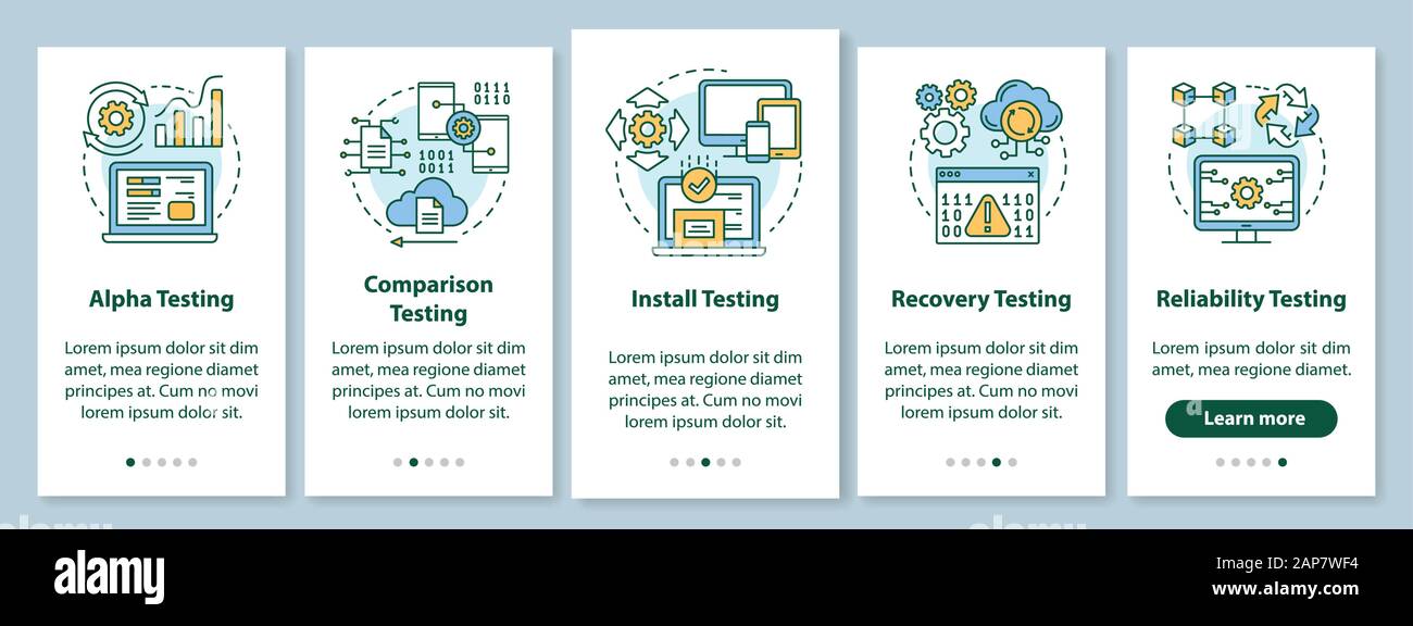 Software performance testing onboarding mobile app page screen with linear concepts. Program quality control walkthrough steps graphic instructions. U Stock Vector