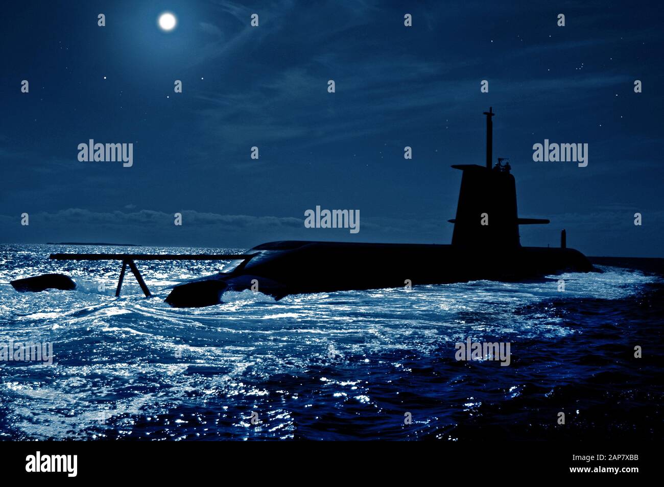 Moonlight illuminating an Australian Navy Collins Class diesel electric submarine. Stock Photo
