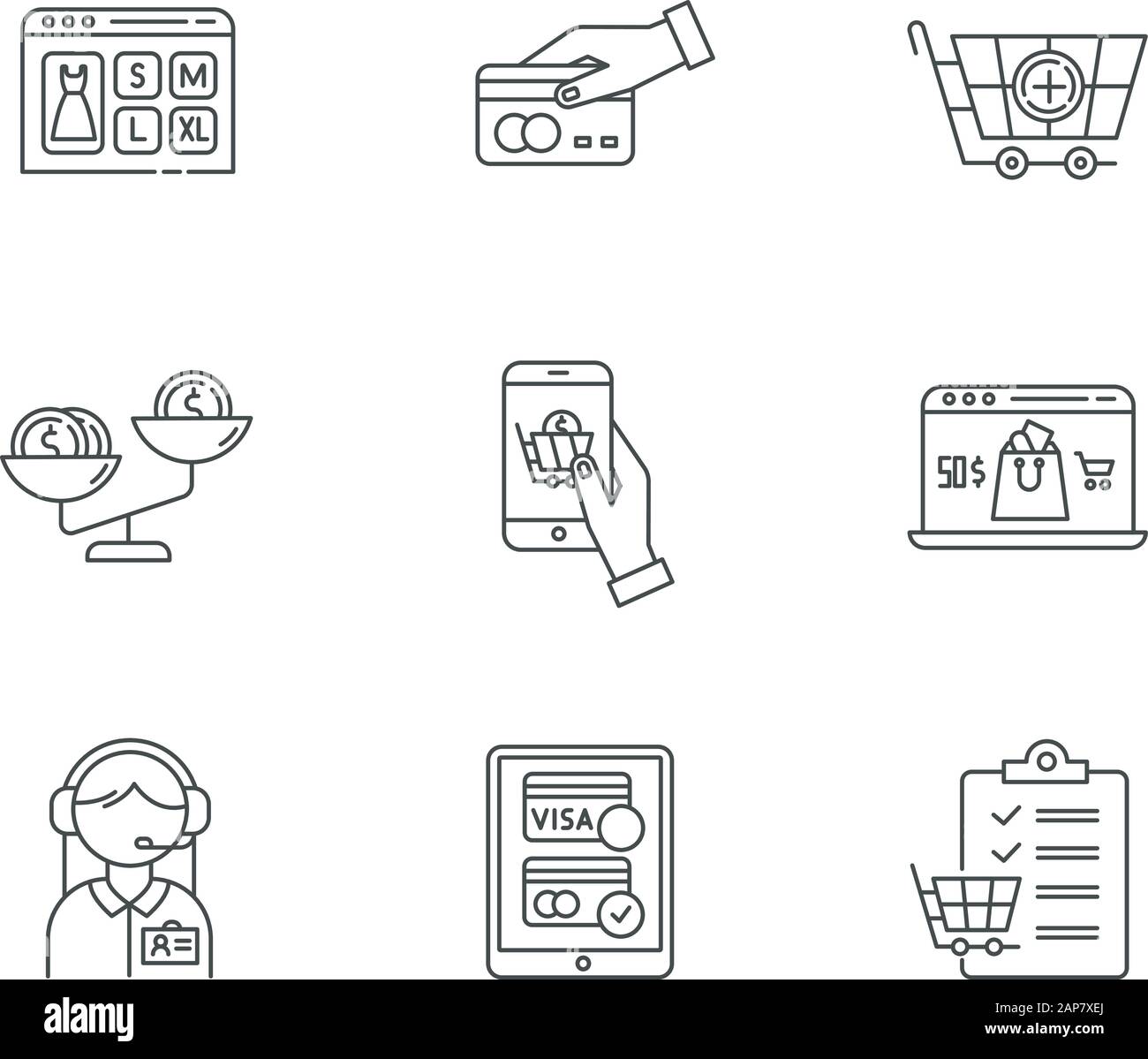 Online shopping linear icons set. Customer support service 