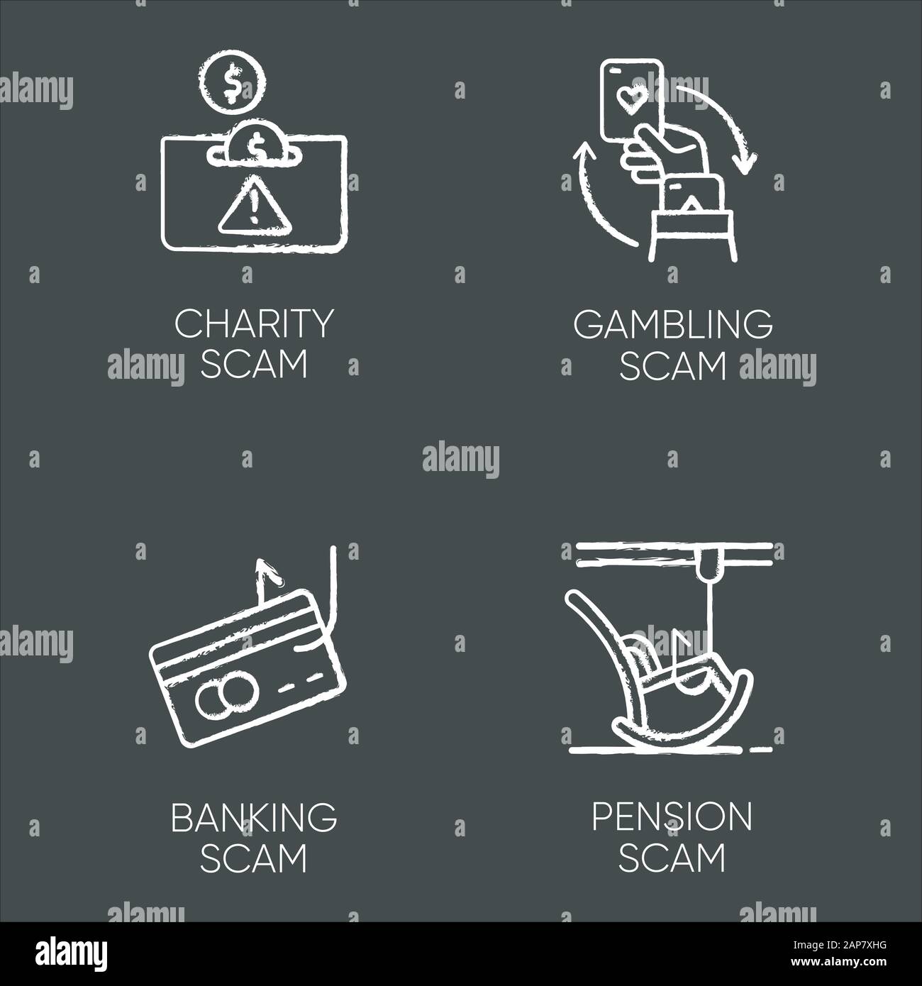 Scam types chalk icons set. Charity, pension fraudulent scheme. Gambling, banking trick. Cybercrime. Financial scamming. Illegal money gain. Isolated Stock Vector