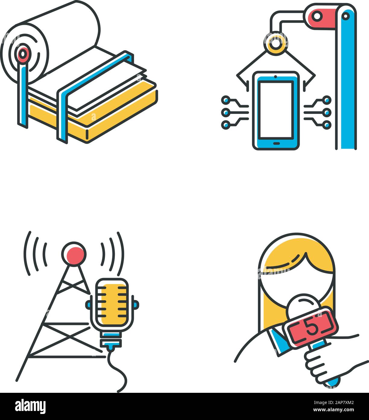 Industry types color icons set. Pulp and paper production. Electronics ...