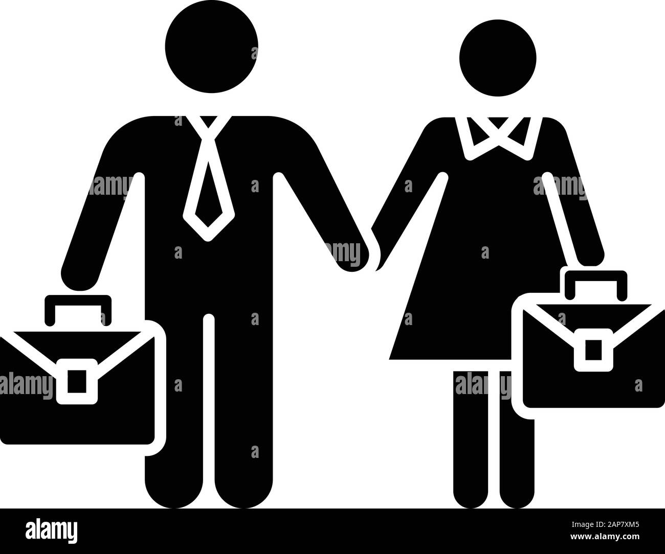 Employment gender equality glyph icon. Woman and man equal work rights. Female and male career. Businessman, businesswoman. Feminism. Silhouette symbo Stock Vector