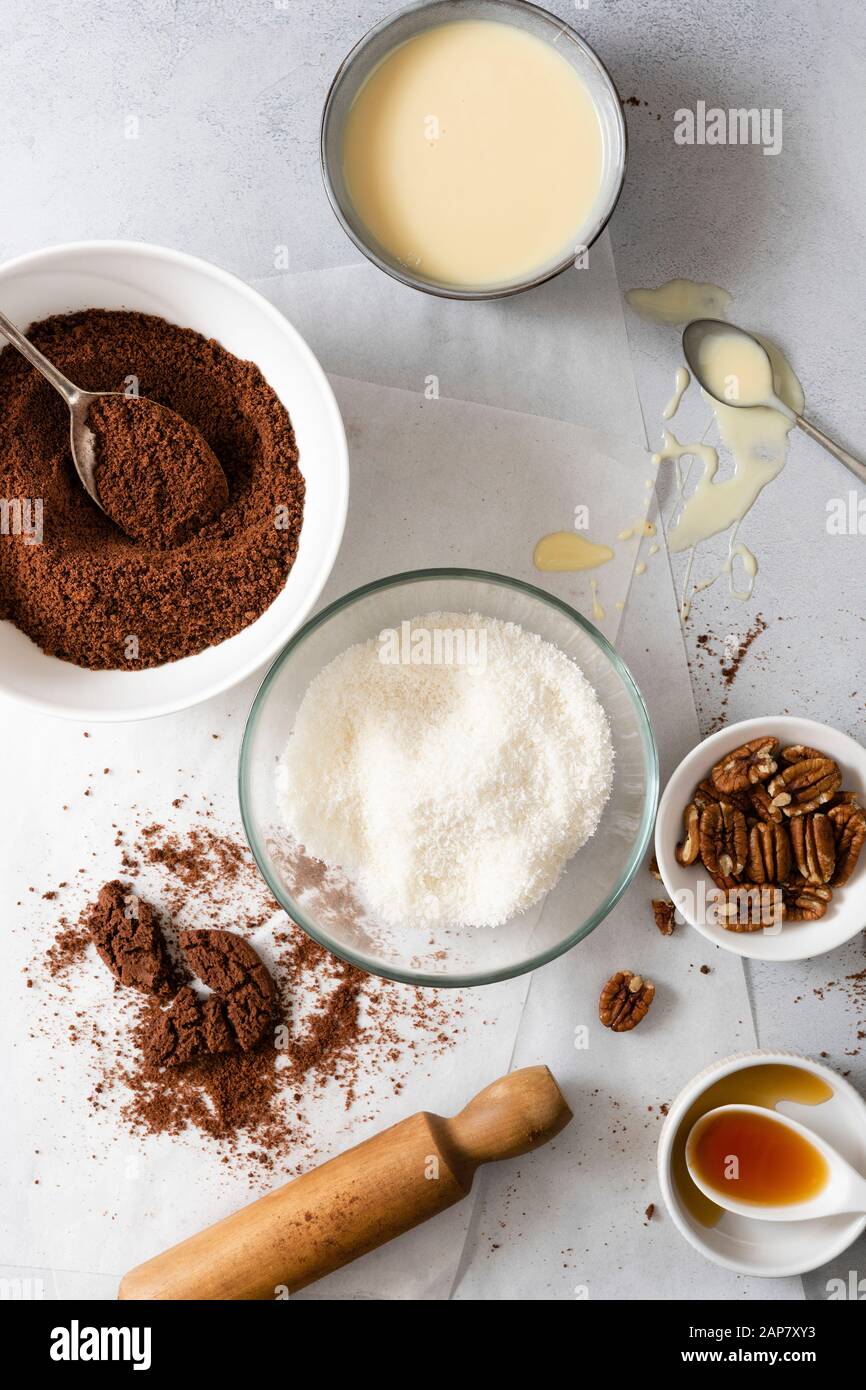 Ingredients for rum balls in bowls Stock Photo Alamy