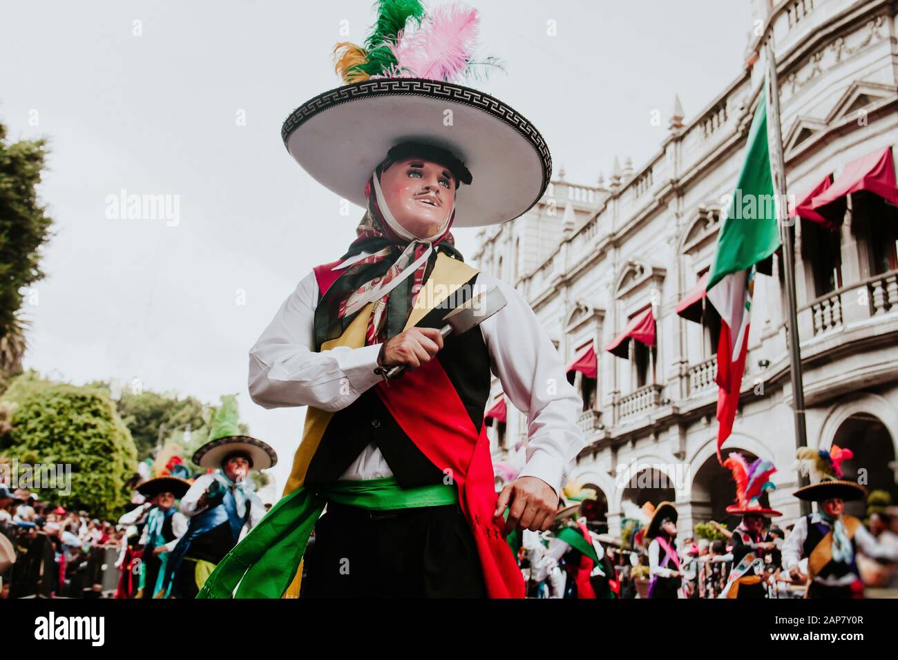 Mexican Carnival, mexican dancers with bright mexican folk costumes in Mexico Stock Photo