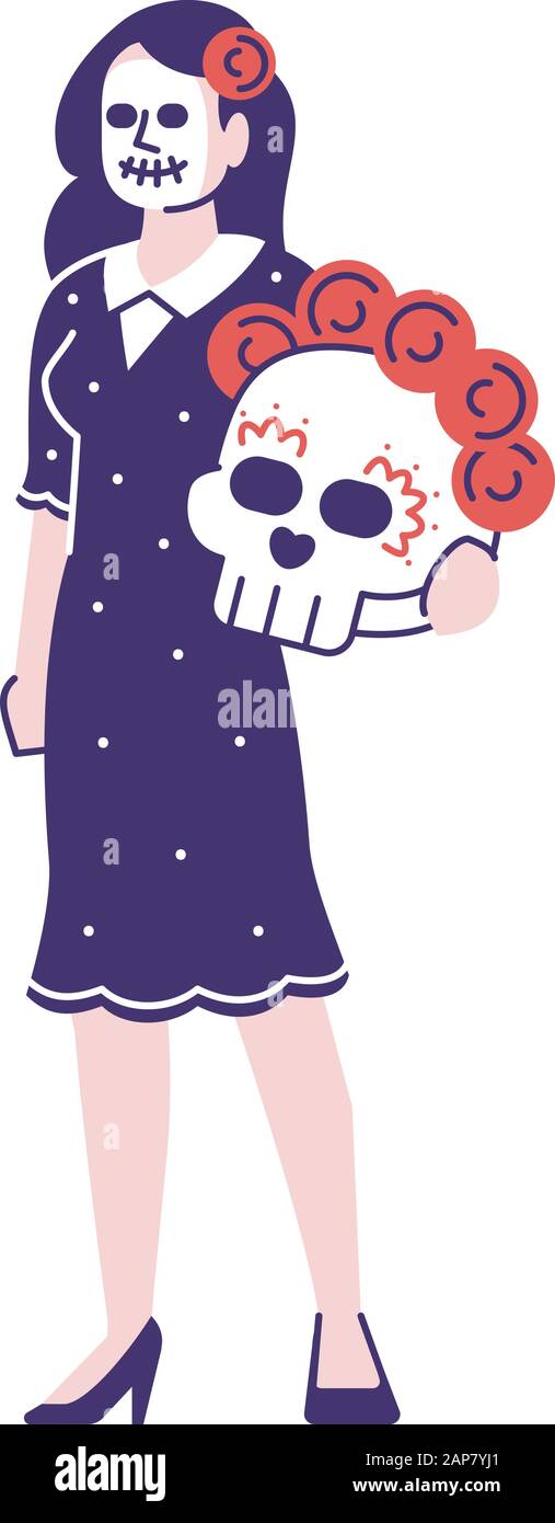 Woman wearing Mexican day of dead costume flat vector illustrations set. Cartoon character with outline elements isolated on white background. Sugar s Stock Vector